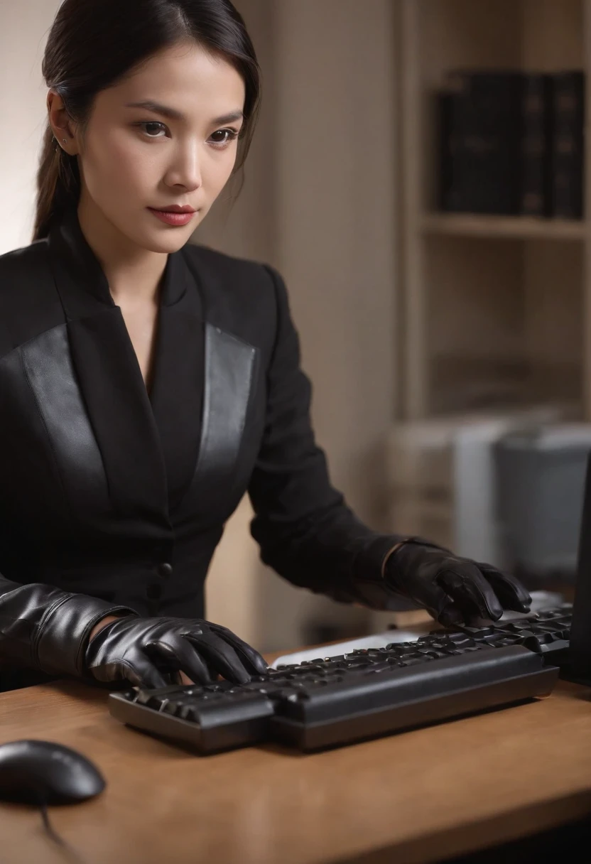 Wearing black leather gloves in both hands, upper body, black business suit, facing the desk in my room with a computer in the dark, tapping the keys of the computer keyboard with the fingertips of black leather gloves while looking at the screen, black hair bundled in the back for a long time, Japanese female new employee (black leather gloves cover both hands) (angle is in the front)