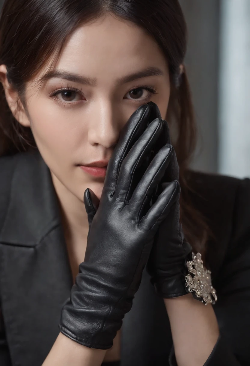Wearing black leather gloves in both hands, upper body, black business suit, facing the desk in my room with a computer in the dark, tapping the keys of the computer keyboard with the fingertips of black leather gloves while looking at the screen, black hair bundled in the back for a long time, Japanese female new employee (black leather gloves cover both hands) (angle is in the front)
