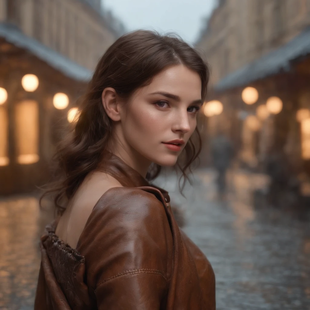 (Rendu 3D professionnel:1.3) de (Realstic:1.3) The most beautiful art photo in the world，Contains sweet and bright female heroin, ((Wet epic heroine)), Rendering the 8K unit of the whole body, action SHOT, pores de la peau, Very dark lighting, ombrage lourd, detailded, face detailed, (vibratoire, Realistic Photography, Realstic, dramatique, Sombre, mise au point nette, 8k), (Old leather clothes damaged by the weather:1.4), ((((Utiliser des skins)))), (complexe:1.4), decadent, (highly detailed:1.4), digital painting, rendu par octane, Art stations, Concept-Art, lisse, mise au point nette, illustration, Germ of art, (loish:0.23), WLOP Ilya Kuvshinov, e Greg Rutkowski et Alphonse Mucha Gracias, (Illumination globale, Studiolight, Lightweight volumetric), fortes pluies, particules flottantes, fripon, Fantaisie, Notre, Corps inteiroesbien, ((Dark and ancient background of the city:1.3)),CGSesociedade,Art stations, while eating