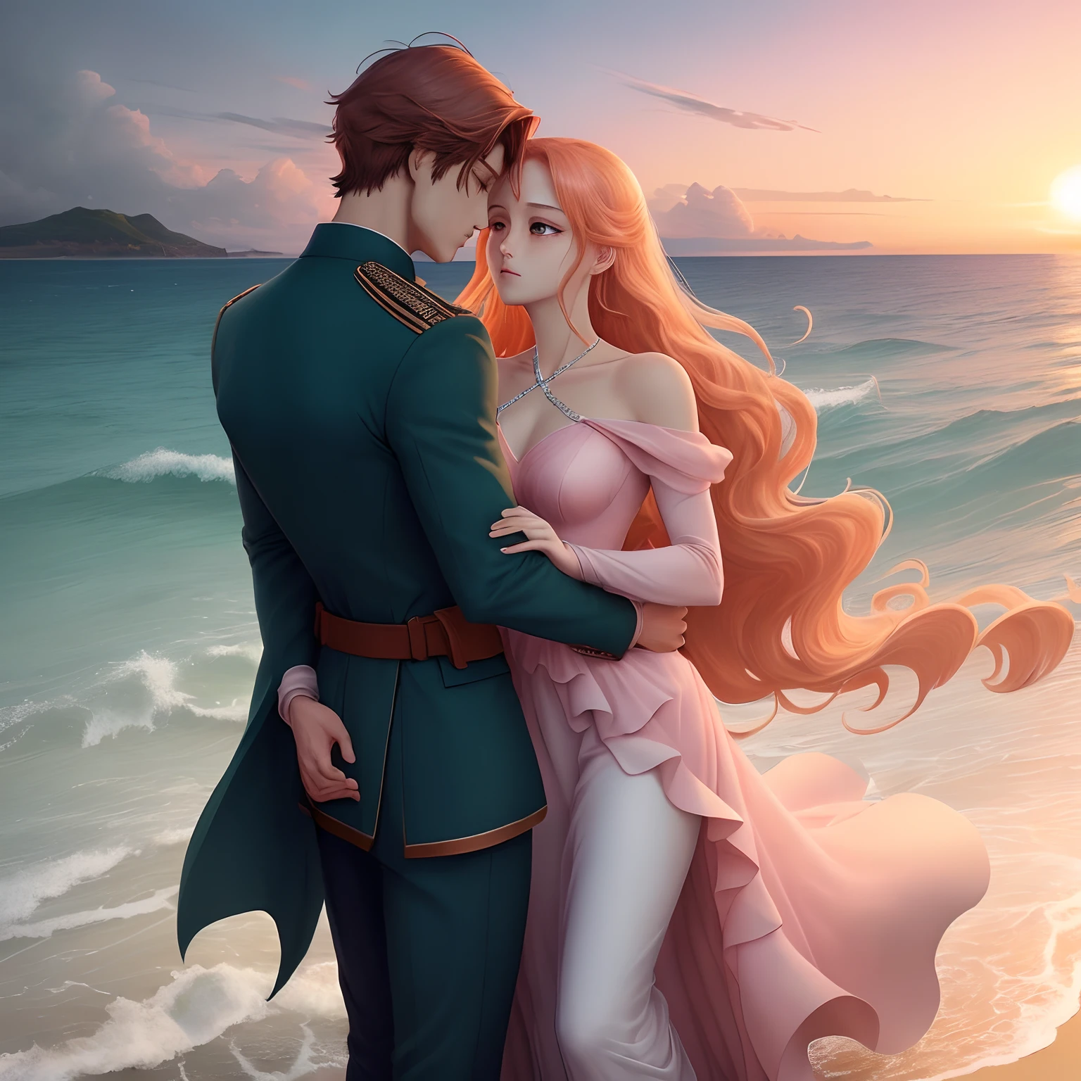 The front cover features a breathtaking sunset over a tranquil beach. The sky is painted in hues of orange and pink, casting a warm glow over the scene. The hero stands tall and strong, dressed in modern green military uniform, gazing lovingly into the sky leaning against heroine's back.

The heroine, in an elegant gown, leans against hero's back, her eyes reflecting a deep sense of love and determination.

In the background, waves gently kiss the shore, creating a sense of serenity and eternity. The title "Eternal Love's Resolve" is written in elegant, swirling font at the top of the cover, while the author's name is discreetly placed at the bottom.

This cover art captures the essence of unwavering commitment to one another amidst a beautiful, timeless backdrop. All characters are manhwa-like.