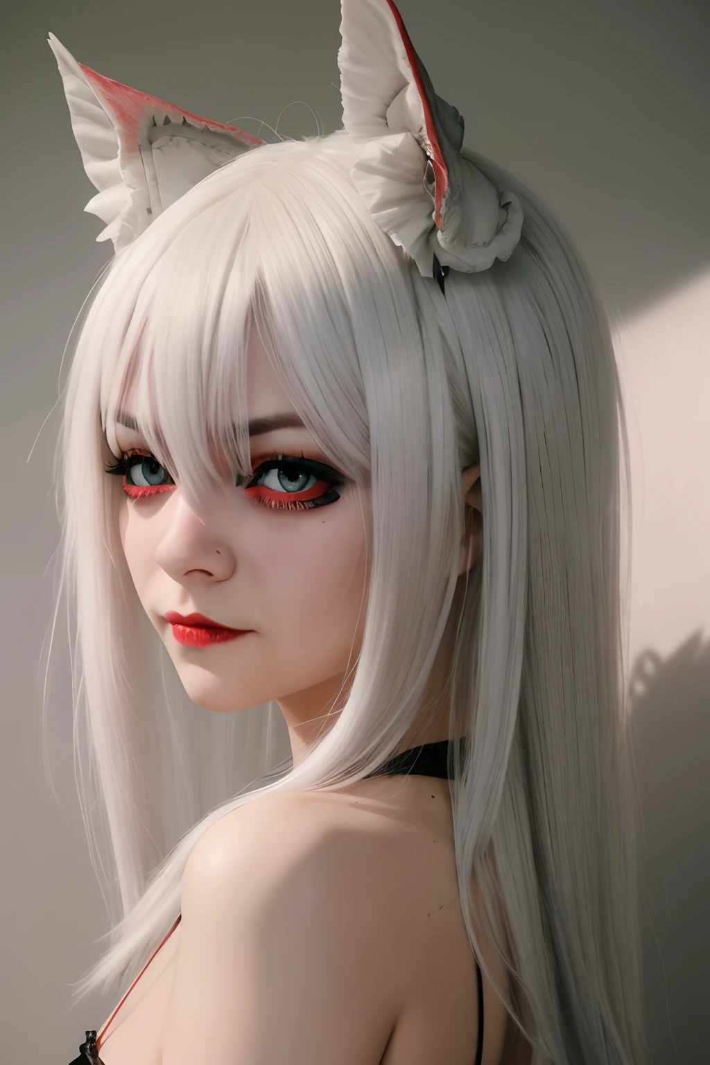 Girl with white hair and red eyes posing for a picture
