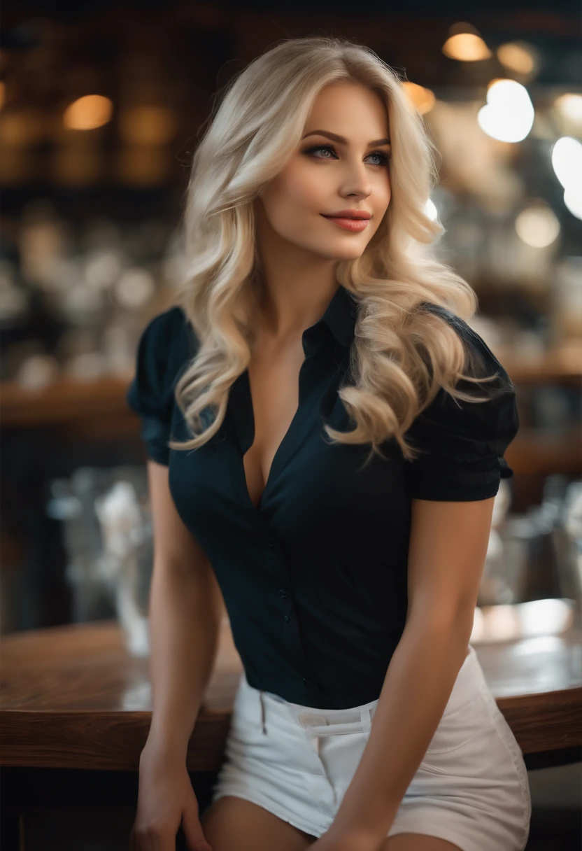 professional, (4k photo:1.1) by (Jeremy Lipking:0.3), (Dittmann Anna:0.3), (Arian Mark:0.3), (Sharp focus:1.3), high detail, wearing (lowcut shirt:1.2), beautiful detailed face, hazel eyes, long blonde hair, (attractive young woman:1.3), (seductive:1.1), (blushing:1.1), hourglass body shape, large round big breasts, wide thicc hips, blonde goddess, tight outfit, tight attire, smiling seductively, pretty face, perfect white haired girl, satisfied pose, cute seductive smile, beautiful blonde girl, good young girl, beautiful angle, attractive pose, cute girl, sexy pose, a gorgeous blonde, full body picture, full body, full body shoot, wearing white skirt and boots in cafe