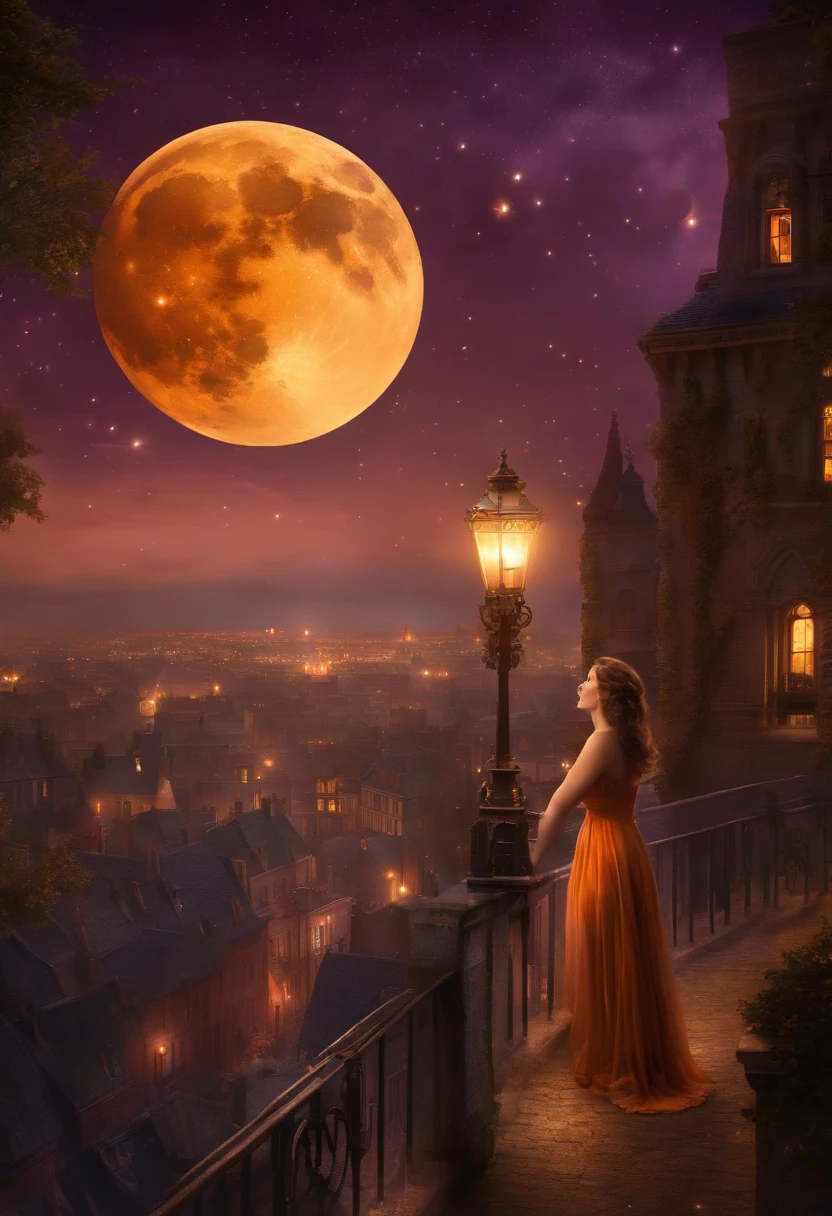 1900's cityscape in turner style , beautiful girl, (full moon:1.2), ( shooting stars:0.9), (nebula:1.3), (warm light source:1.2), (Firefly:1.2), lamp, lot of purple and orange, intricate details, volumetric lighting BREAK (masterpiece:1.2)