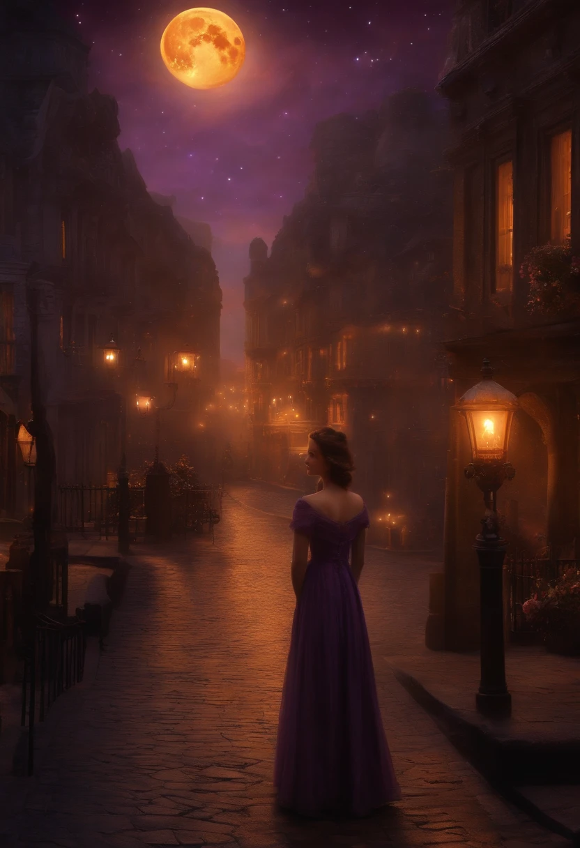 1900's cityscape in turner style , beautiful girl, (full moon:1.2), ( shooting stars:0.9), (nebula:1.3), (warm light source:1.2), (Firefly:1.2), lamp, lot of purple and orange, intricate details, volumetric lighting BREAK (masterpiece:1.2)