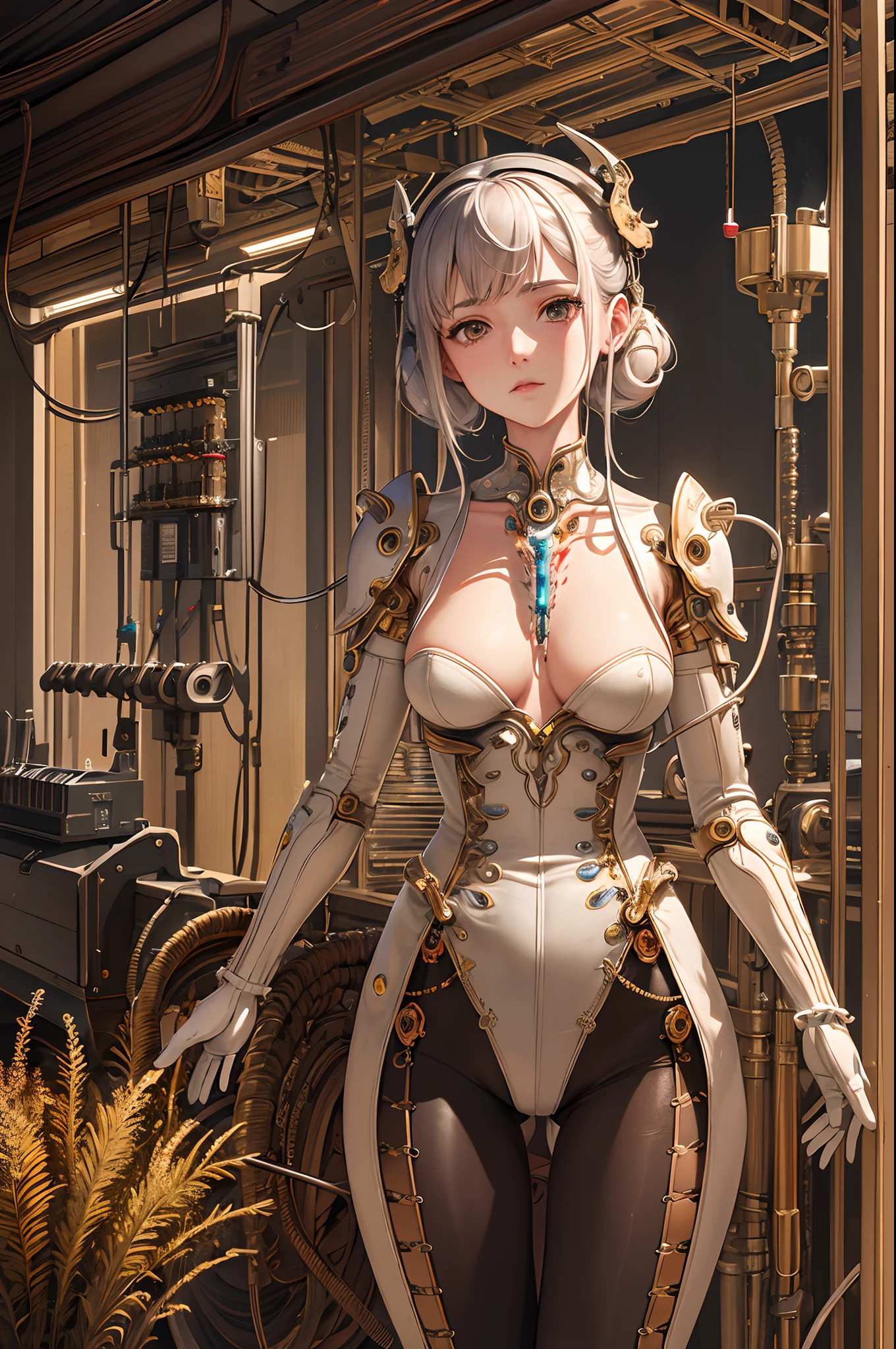 (((masterpiece))), (((best quality))), ((ultra-detailed)), (highly detailed CG illustration), ((an extremely delicate and beautiful)),cinematic light,((1mechanical girl)),solo,(cowboy shot:1.2),(machine made joints:1.2),((machanical limbs)),(blood vessels connected to tubes),(mechanical vertebra attaching to back),((mechanical cervial attaching to neck)),expressionless,(wires and cables attaching to neck:1.2),(wires and cables on head:1.2),(character focus),science fiction,extreme detailed,colorful,highest detailed, loongs,fengs,background,