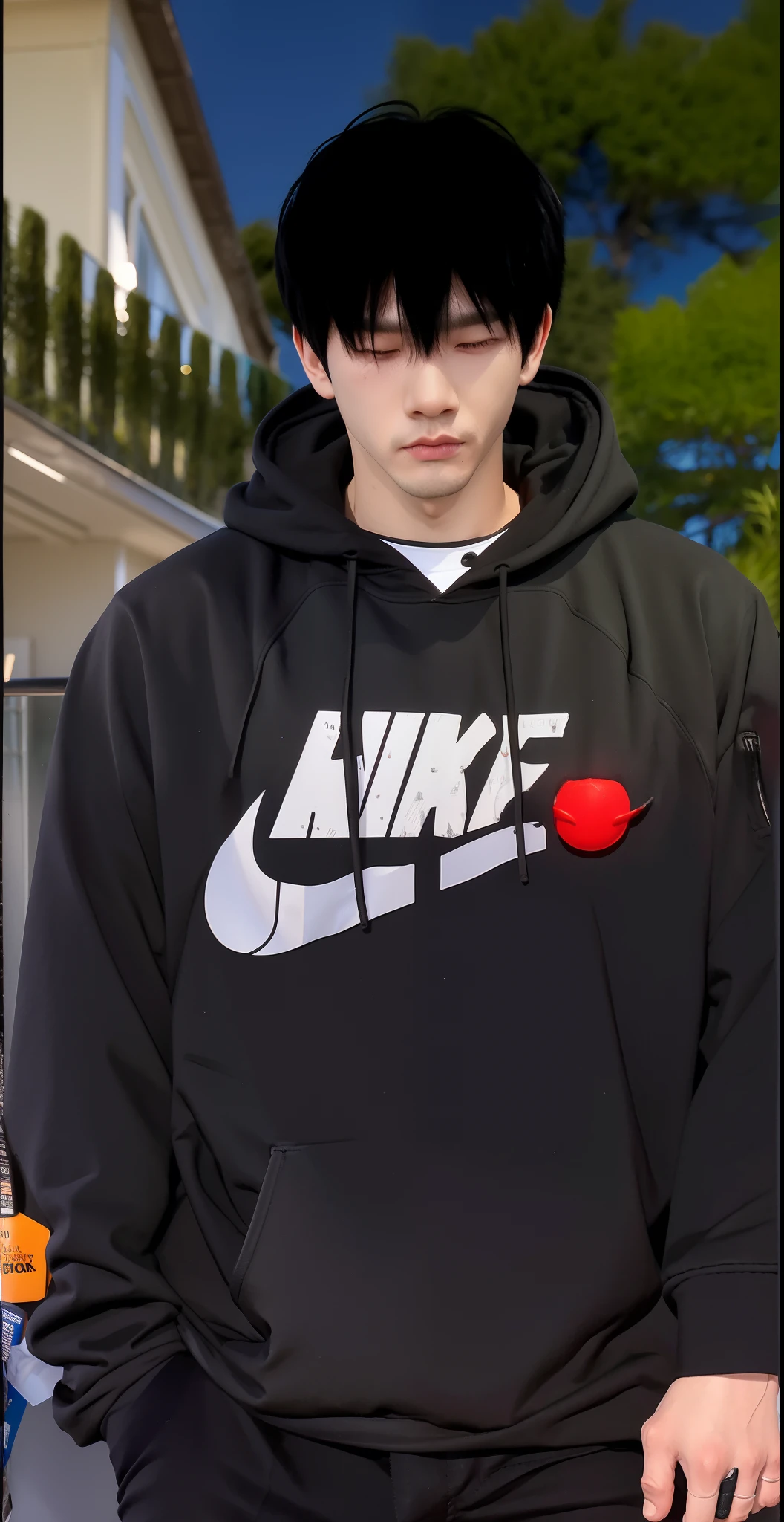 Wearing a hoodie, black hair, gloomy face, ultra detailed, realistic, 1boy