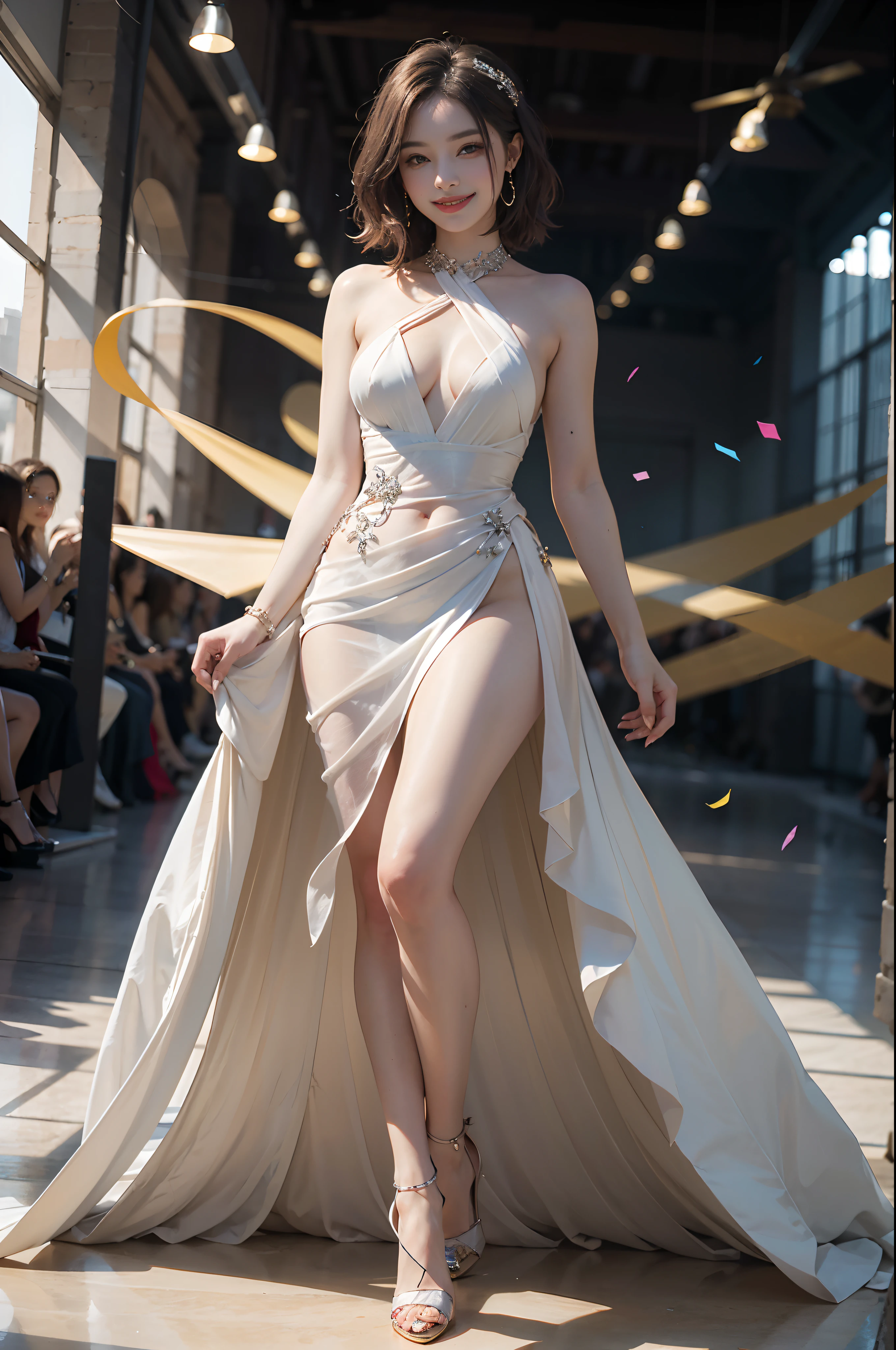 1girl in, (Smile:1.6) ,stunningly beautiful girl, Haute_Couture, weddingdress, high-heels,high fashion,  High Brand,Famous fashion shows, (Indoor runway:1.4),Long shaped face, beautiful countenance, darkred eyes, Sandy Blonde Side Sweep Hair, Short hair, Long ringlet, catwalk,Red carpet,Colorful confetti, Vivid colors, masutepiece, Best Quality, absurderes, Highest Quality, Amazing details, 8K, Aesthetic,Perfect Lighting,Look at viewers,(dynamic ungle:1.2),large stage