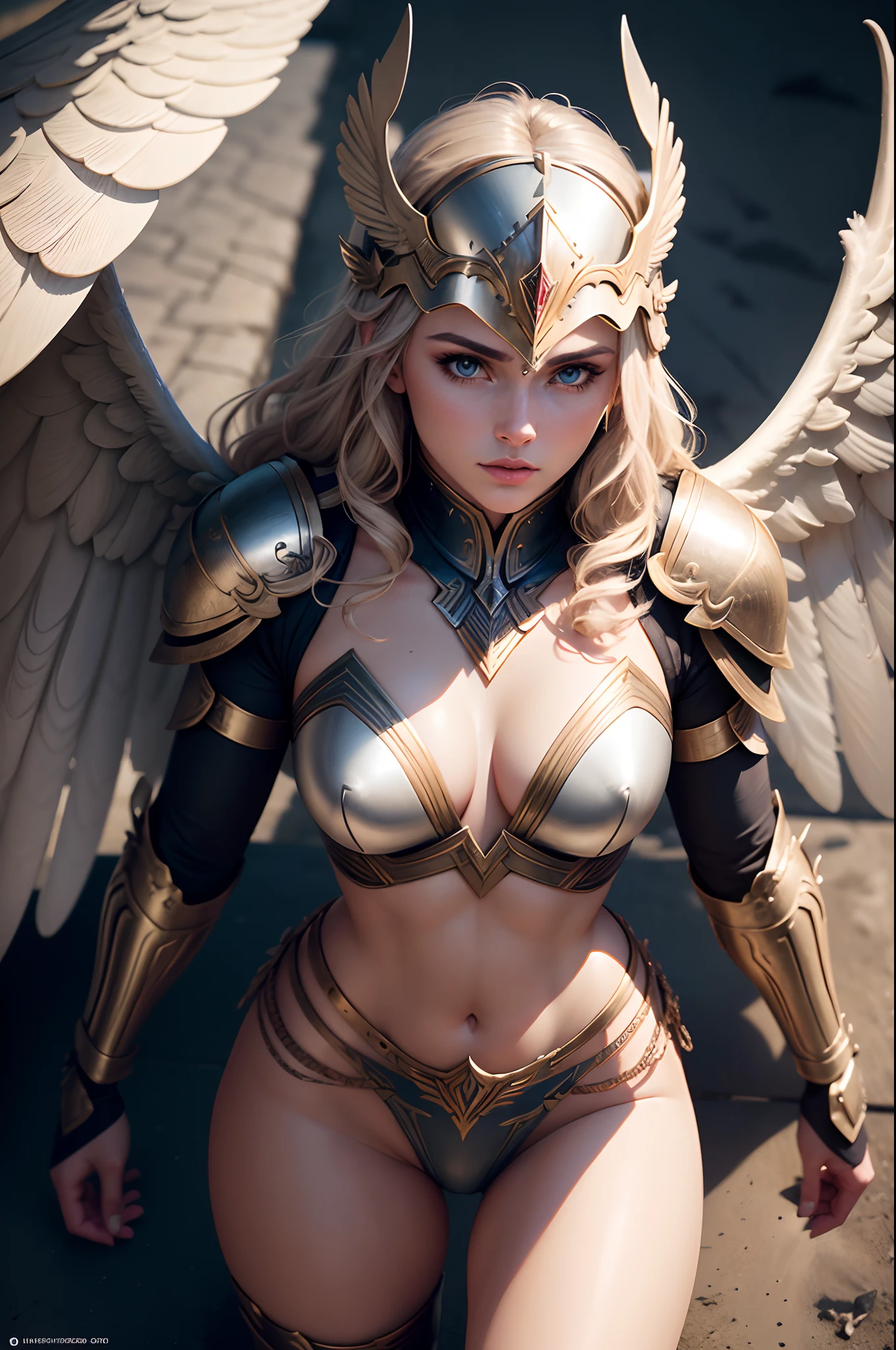 (l1vvydunne:.95), high angle photo of a gorgeous young valkyrie woman in the style of stefan kostic, realistic skin texture, nsfw,(winged helmet:1.1), (valkyrie armor:1.2), 1 / 2 body crop, 8 5 mm art lens, f 1. 2, sharp focus, 8 k high definition, insanely detailed, intricate, elegant, art by stanley lau and artgerm