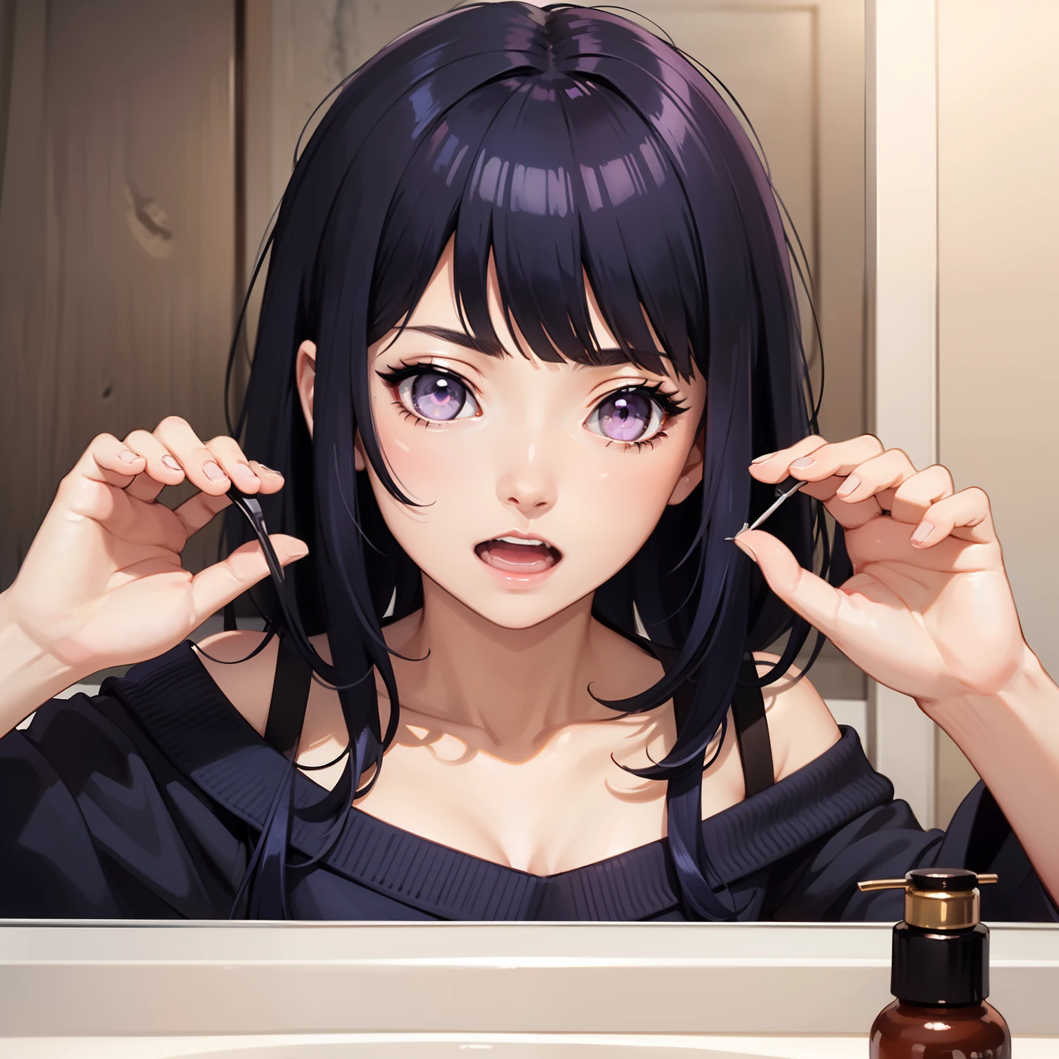 masterpiece,best quality,dream, highly detailed illustration, cute,1 girl, close-up, sharp tooth,open mouth, bold outline, hand,messy hair, in the bathroom,mirror, messy hair,off-shoulder, Blunt Bangs, purple eyes, dark blue hair