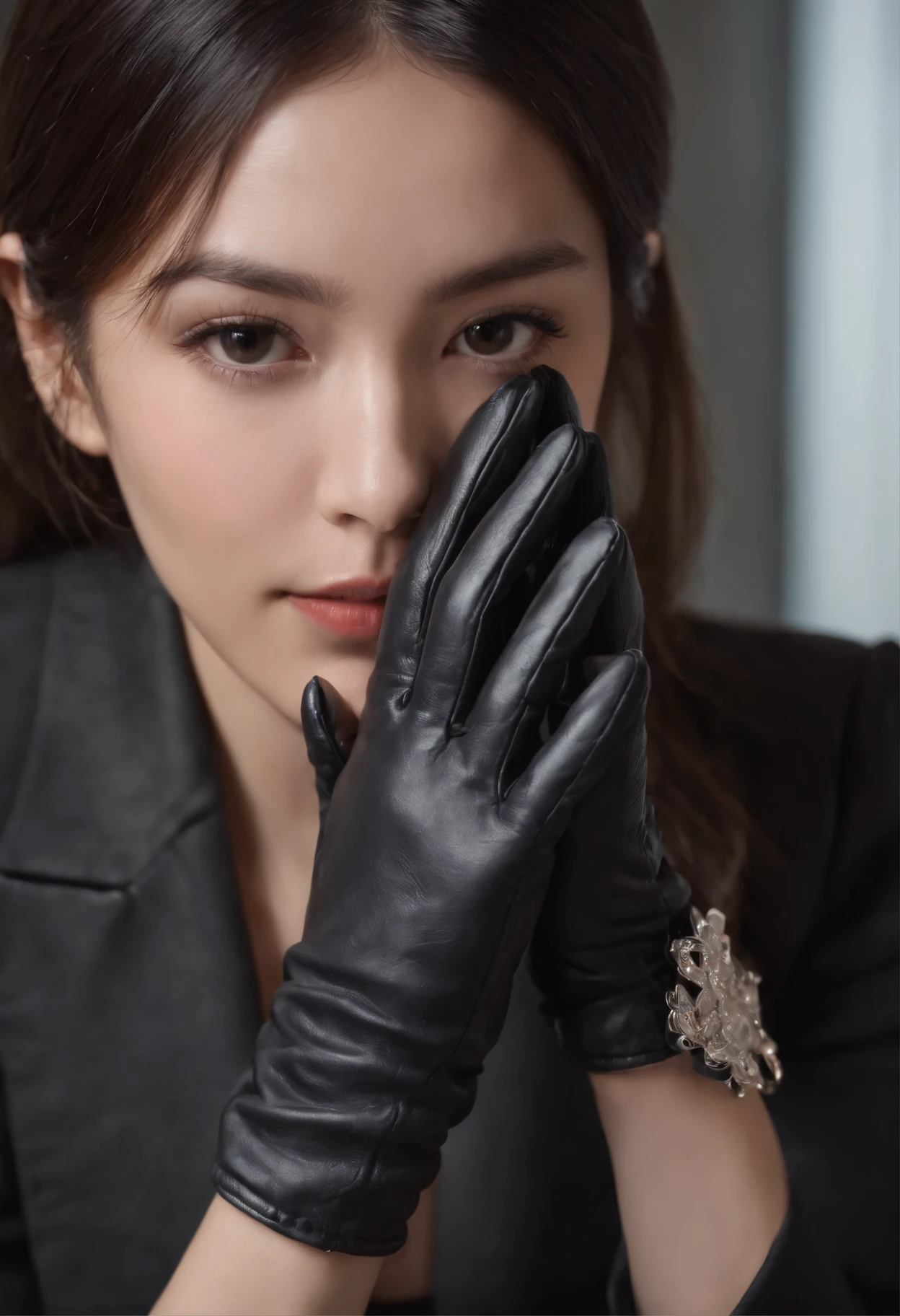 Wearing black leather gloves in both hands, upper body, black business suit, facing the desk in my room with a computer in the dark, tapping the keys of the computer keyboard with the fingertips of black leather gloves while looking at the screen, black hair bundled in the back for a long time, Japanese female new employee (black leather gloves cover both hands) (angle is in the front)