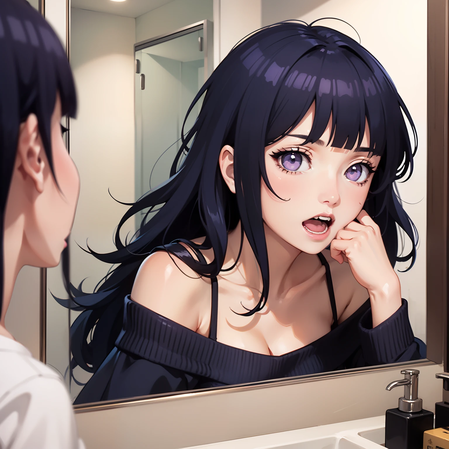 (nsfw),masterpiece,ultra detailed,sharp focus,ecchi anime style,seductive anime girl,pov blowjob,hyper realistic,adult female sucking a penis,at restroom stall,tiled wall,black hair