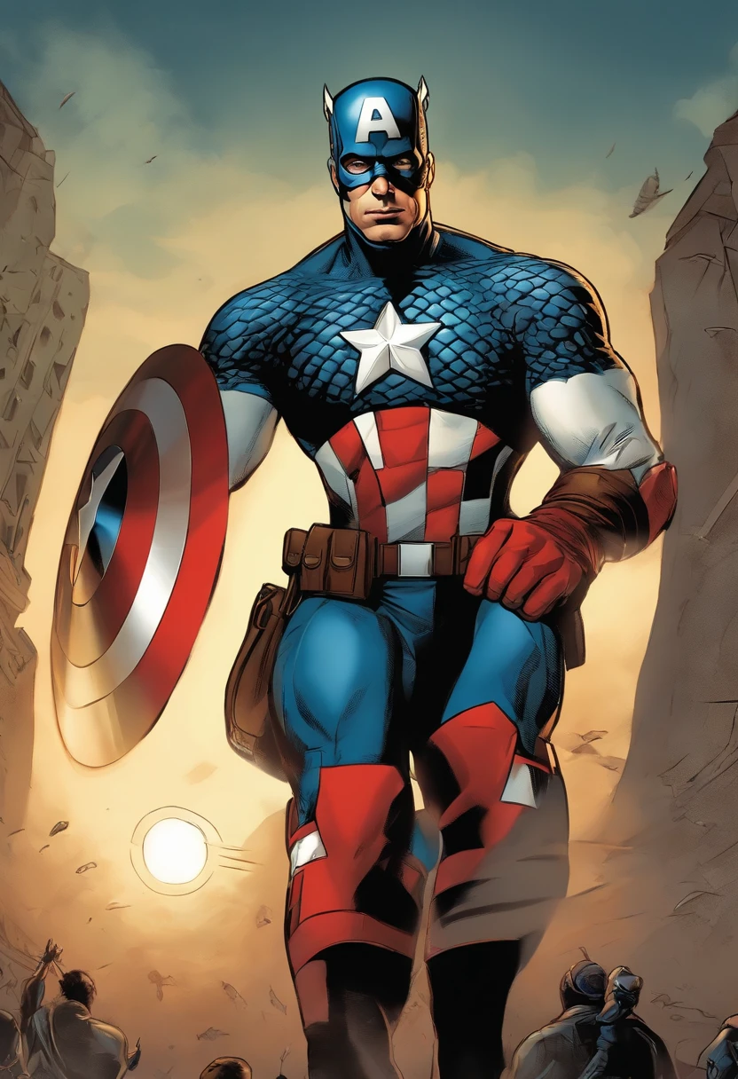captain america, marvel character, super heroes, Marvel Super Heroes, , superhero pose, his cape is the american flag,Point your hands to the right,and clench your fist,Extend your index finger,The figure stands,Right leg raised,cartoony,Graphic painting