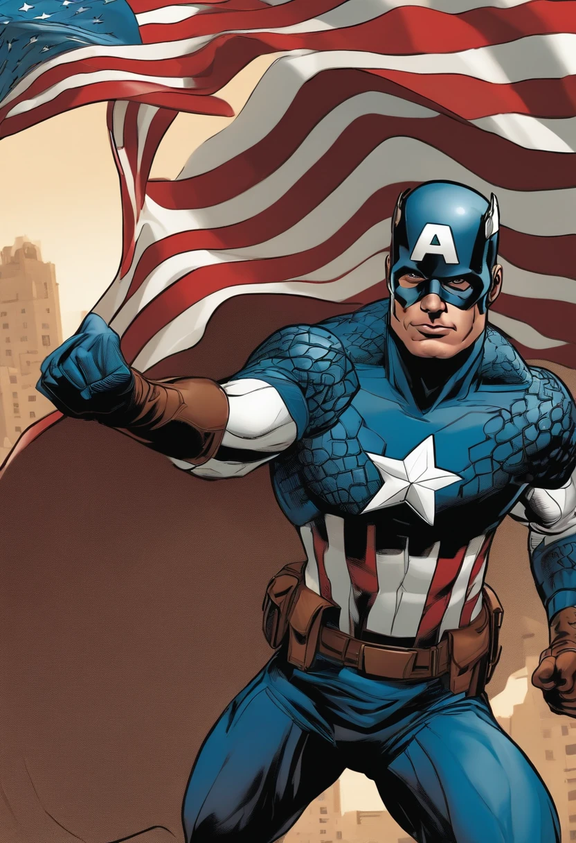 captain america, marvel character, super heroes, Marvel Super Heroes, , superhero pose, his cape is the american flag,Point your hands to the right,and clench your fist,Extend your index finger,The figure stands,Right leg raised,cartoony,Graphic painting