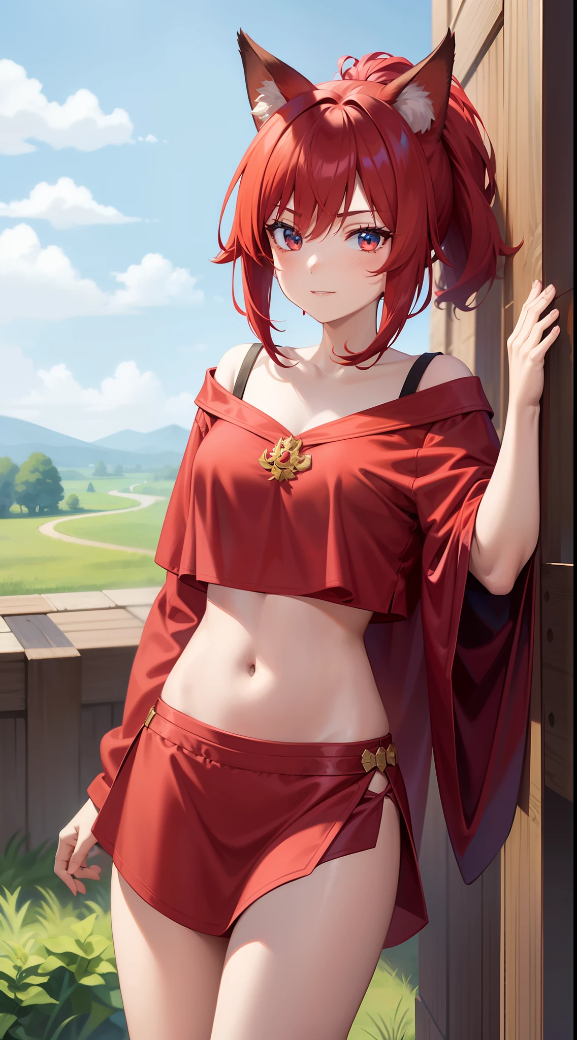 young girl, short red hair, high ponytail, Cyan eyes, Red Old Slavonic robe, open belly, ssmile, Fox ears, Fox tails, Masterpiece, hiquality, high detail, HD, 4k