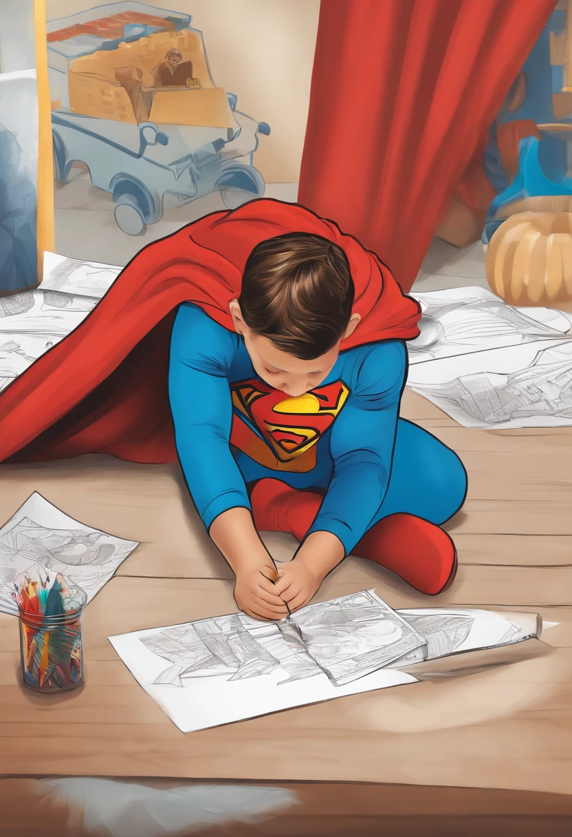 Happy boy sitting coloring a drawing of Superman, bright colors to inspire creativity and learning.
