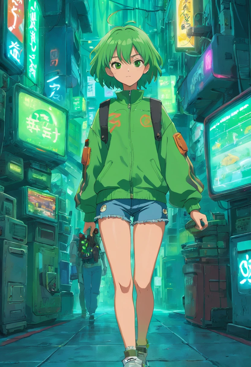 1macho, (master part), cabelos castanhos com mechas verdes, short hair, olhos verdes, Casaco Verde, jeans curto preto, CIDADE CYBERPUNK,