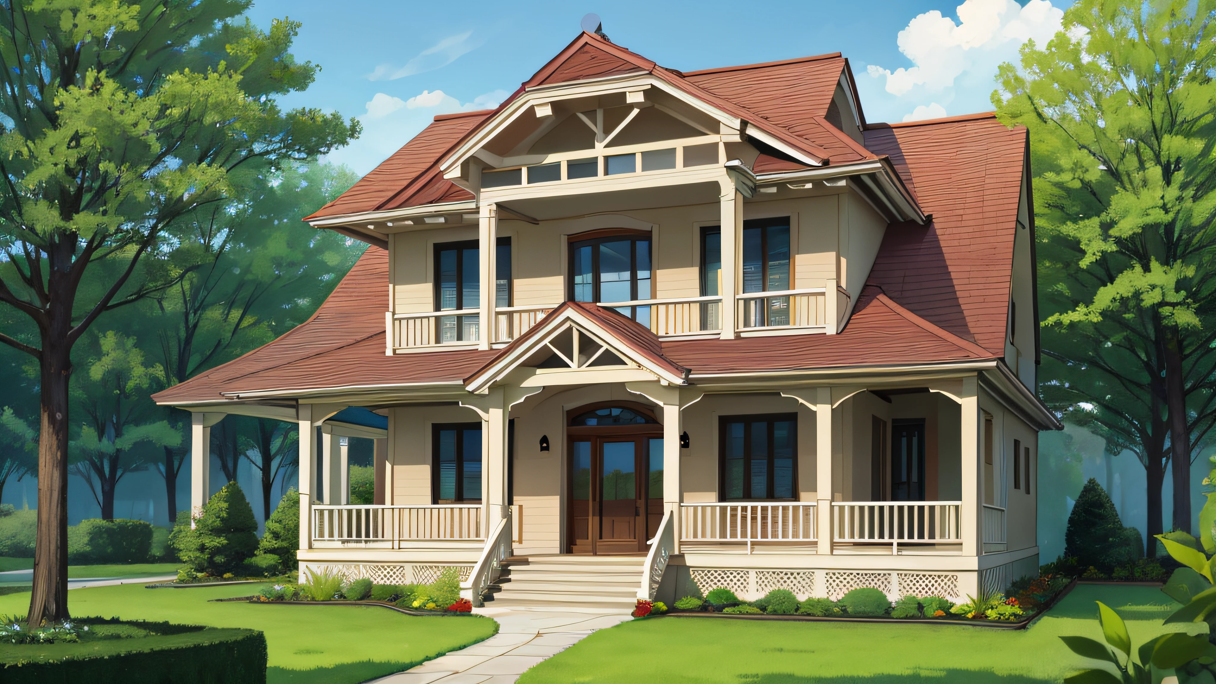 Beautiful two story home with three windows in the woods