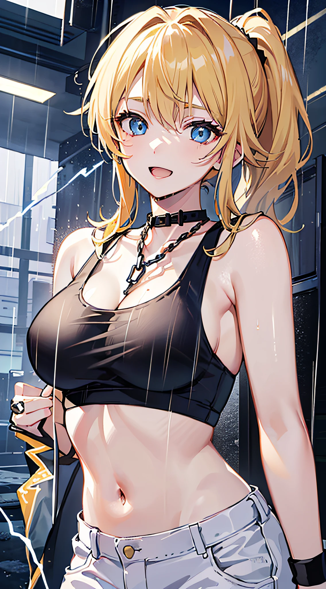 top-quality、Top image quality、masterpiece、girl with((18year old、tatteredclothing、Black Navel Tank Top、White pants、Best Bust、Bust 85、a blond、disheveled ponytail、Blue eyes、open chest wide、Happiness、Chain Accessories、Black wristband on wrist、Leaning forward,A slender))hiquality、Magazine cover style、Background with((very heavy rain、lightning bolt))、masutepiece
