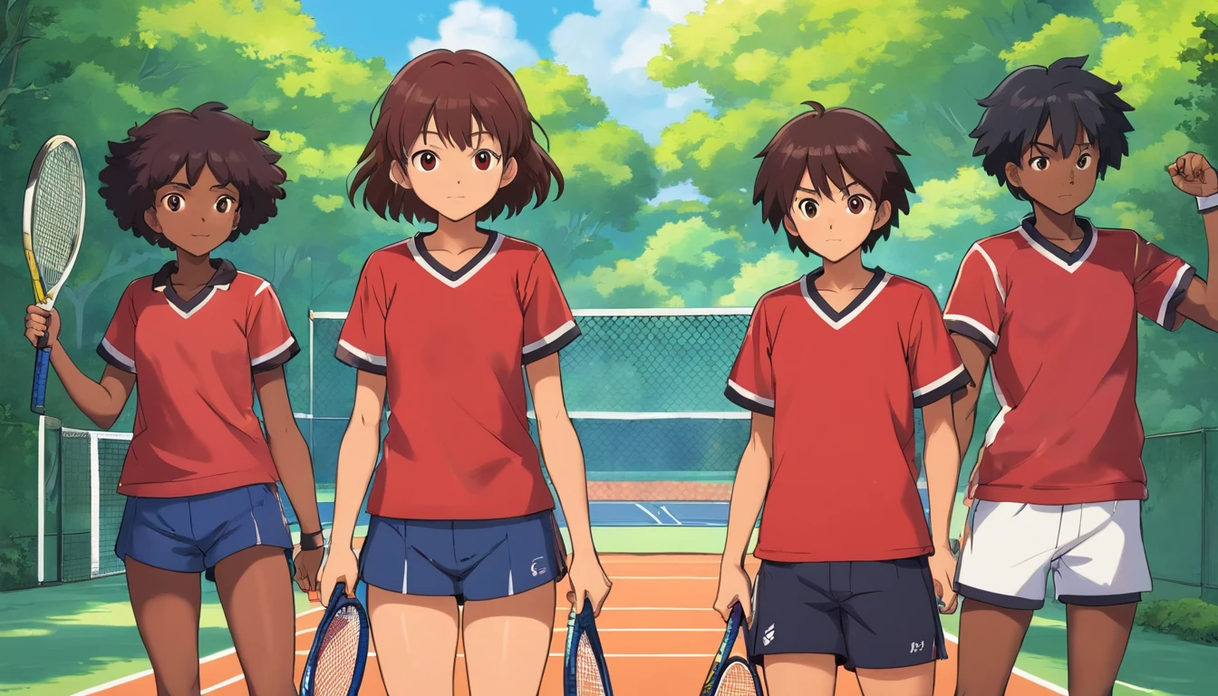 manga style : Three young black girls each wearing short shorts and a red black T-shirt with the latest generation of tennis, and two young black boys each possess a large sword, The first boy has a sword on his shoulder with A Cretan and second boys with braided hair and sword in hand