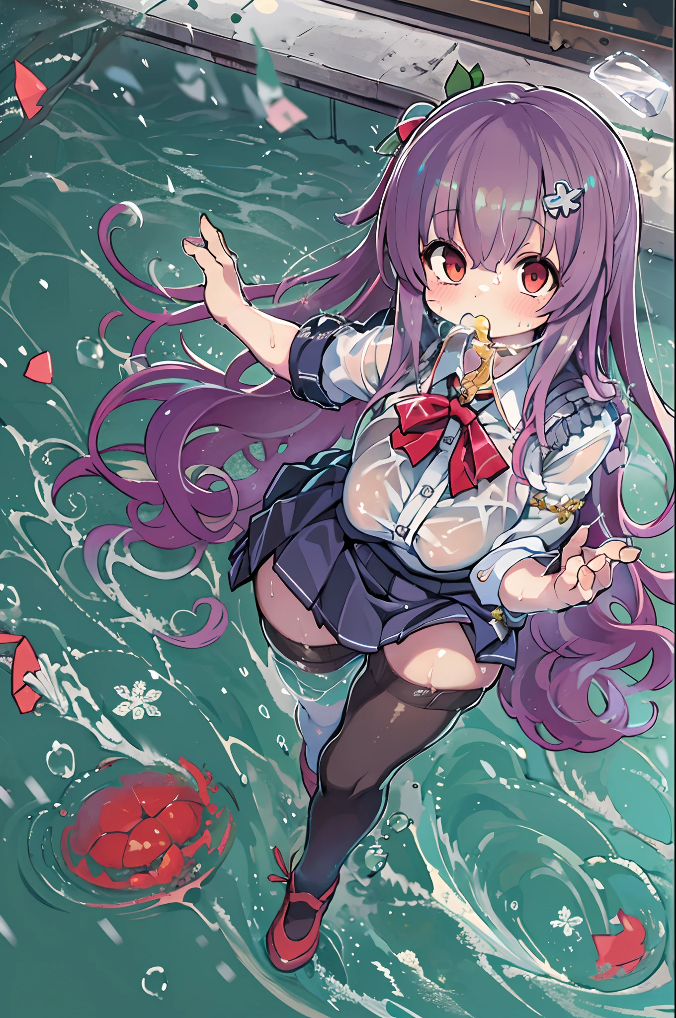Best Quality, hight resolution, absurderes, Ultra-detailed, Suzuya_(kancolle), 1girl in, long_hair, Skirt, Solo, Shirt, Rain, Wet_Clothes, hair_ornament detached, Wet, Underwear, pleats_Skirt, See-through, bowtie, Red_Bow、bbw、thick thight、big butts、Ultramammy