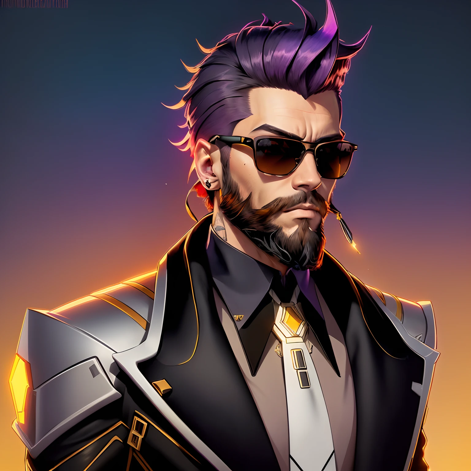 a man with a beard and sunglasses, cyberpunk art, funk art, stunning gradient colors, stylized portrait h 704, pompadour, twitch streamer, cold colors. insanely detailed, t-800, no watermark signature, in rich color, outrun