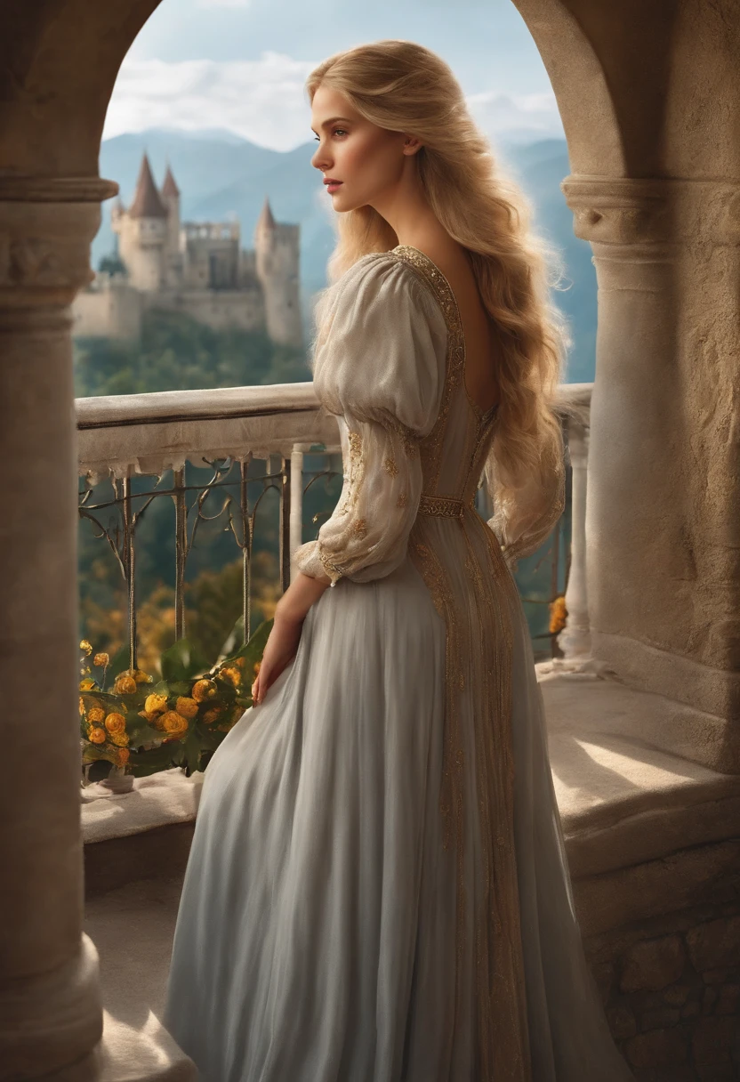 princess, adult, caucasian, beautiful face, wistful look, long golden hair, long silver dress, (puff sleeve), standing on a balcony, stone castle,  peaceful atmosphere, old folk tale illustration,