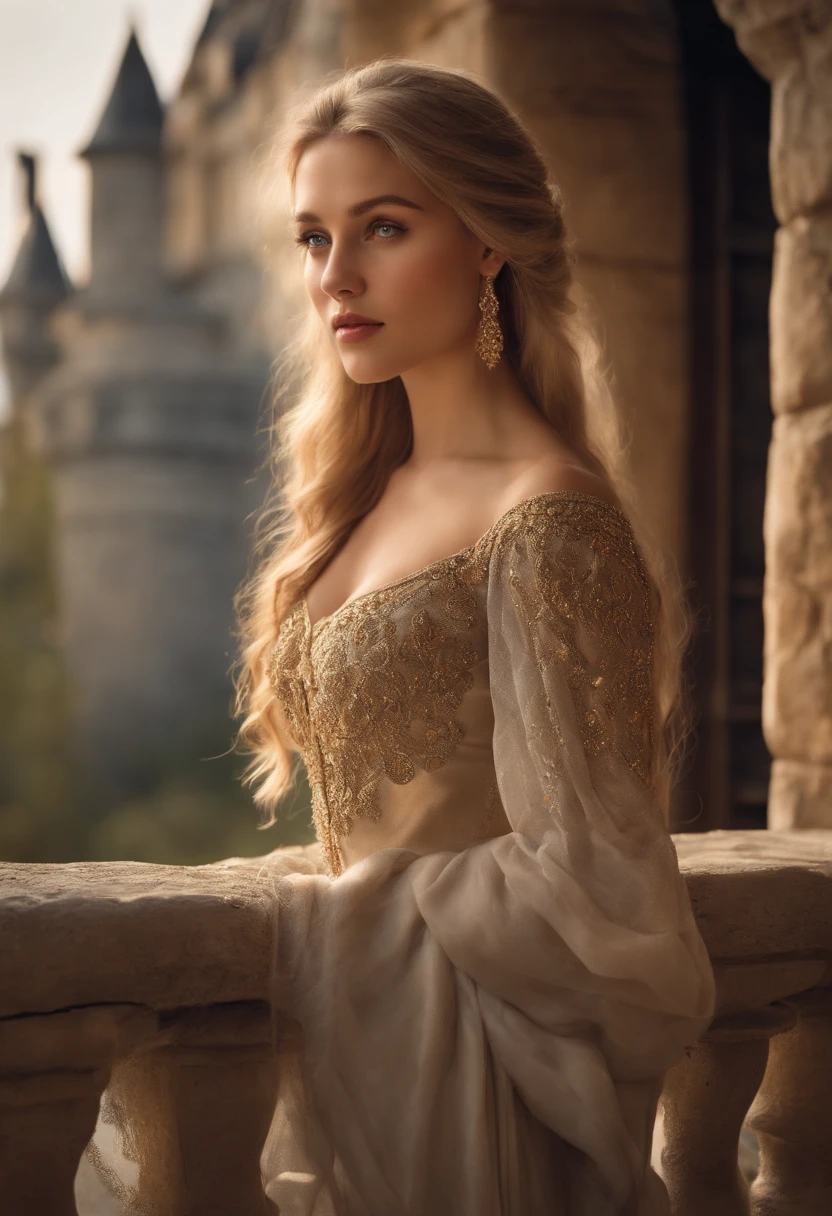 princess, adult, caucasian, beautiful face, wistful look, long golden hair, long silver dress, (puff sleeve), standing on a balcony, stone castle, peaceful atmosphere, old folk tale illustration,