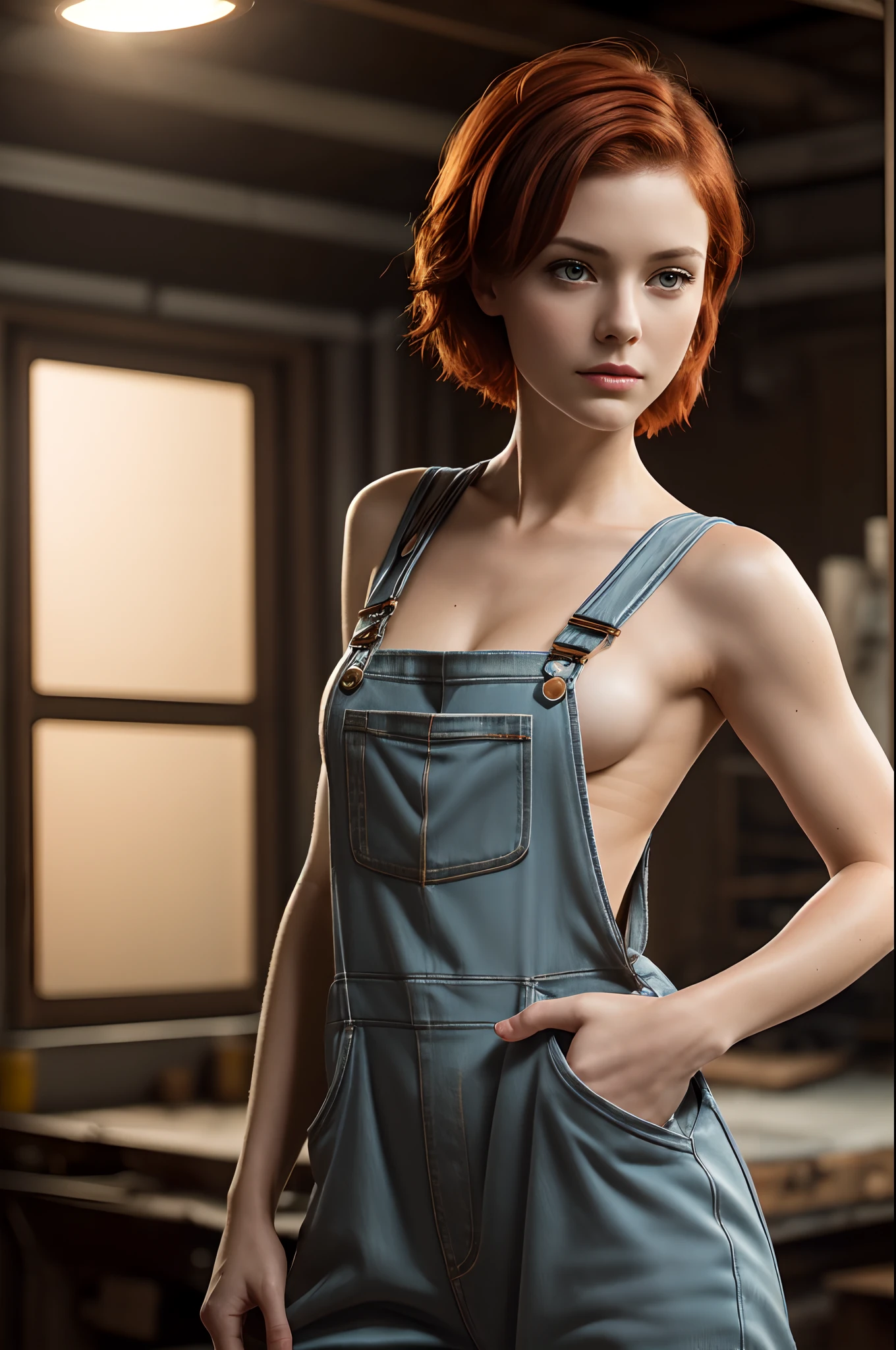 (Beautiful 28 year old female (perfect face)), (Justine Joli:0.9), small smile, pale skin, (skin texture:1.1), (high detail sexy mechanic's overalls), (high detail eyes:1.2), (very short red hair), strong muscular body, skin pores, natural skin, (grease stains),dirty, mechanic's workshop, (masterpiece), (photorealistic:1.4), RAW photo, best quality, high res, rich colors, backlight, cinematic lighting, film grain, raw photo, 50mm lens, Nikon D850, warm colors