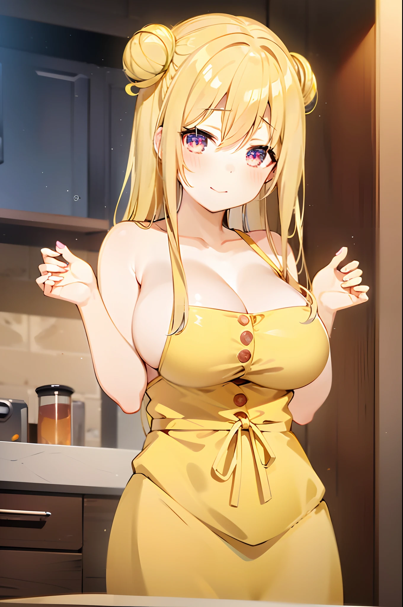 anime girl in yellow dress standing in kitchen with hands out, anime visual of a cute girl, seductive anime girl, anime best girl, hanayamata, oppai, blonde anime girl with long hair, rin, anime visual of a young woman, pin on anime, anime girl named lucy, in dress, sankakucomplex anime image