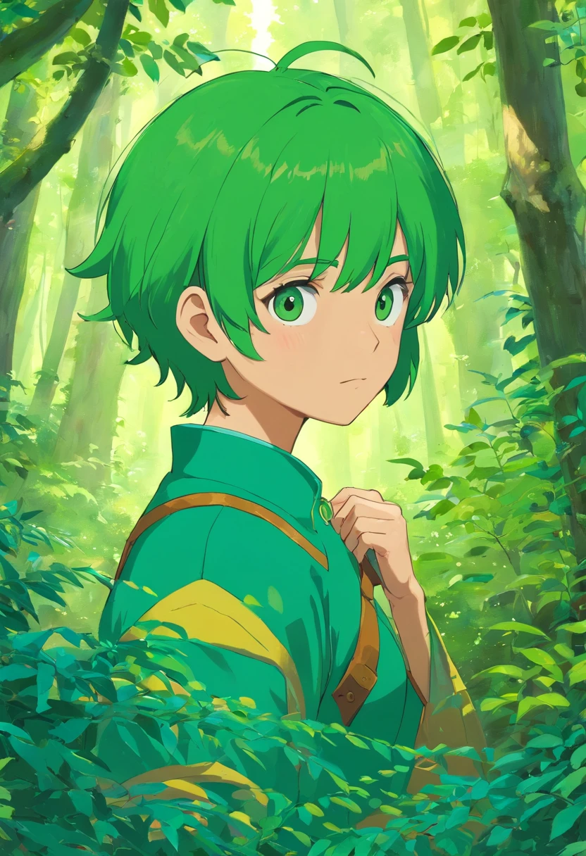 1macho, (master part), cabelos castanhos, short hair, olhos verdes, casaco azul, trapos de couro, arco e flecha nas costas, floresta verde,