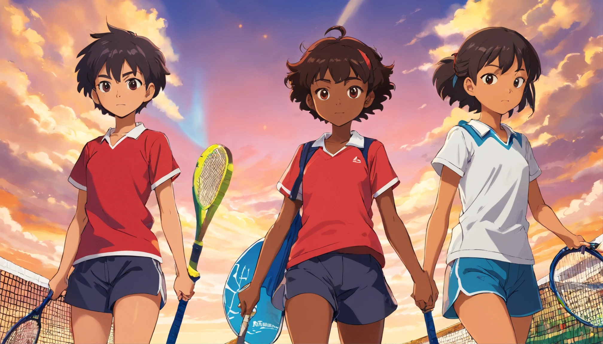 manga style : Three young black girls each wearing short shorts and a red black T-shirt with the latest generation of tennis, and two young black boys each possess a large sword, The first boy has a sword on his shoulder with A Cretan and second boys with braided hair and sword in hand