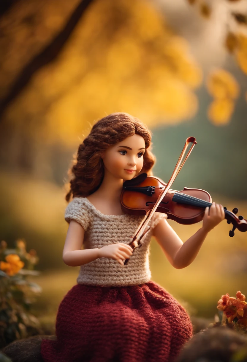 crochet figures, a girl splaying violin, in a scene of pure kindness, colors blend and greet