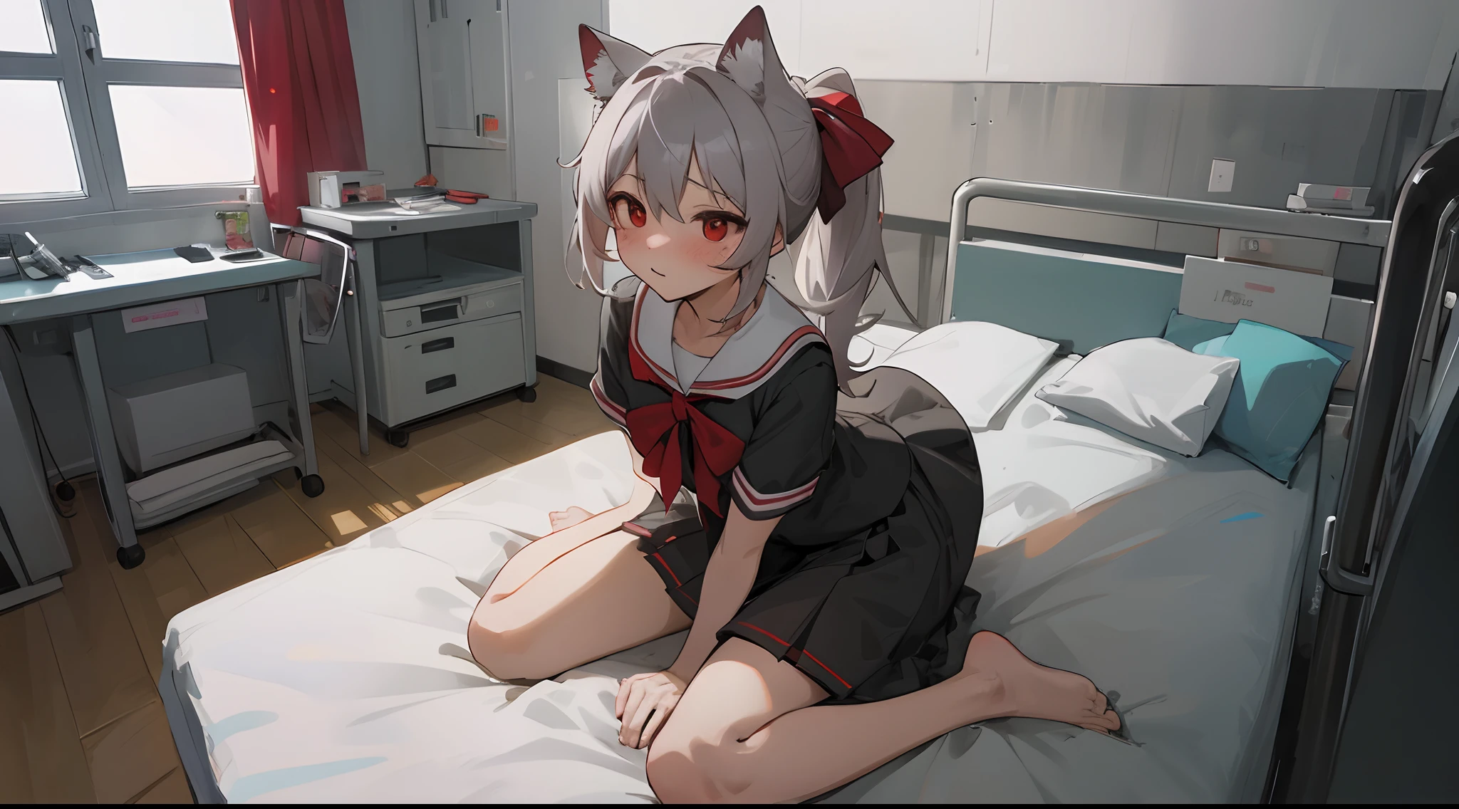 Masterpiece: 1.6, Best Quality: 1.4, Live Image: 1.2, intricate details: 1.2, Graphicsournerv2: 1.2, ite girl, gray hair, red eyes color, tsundere, pony tail, cat ears, black school uniform with red bow、short sleeves, adult girl, sitting in a hospital bed, Hospital office,Novella