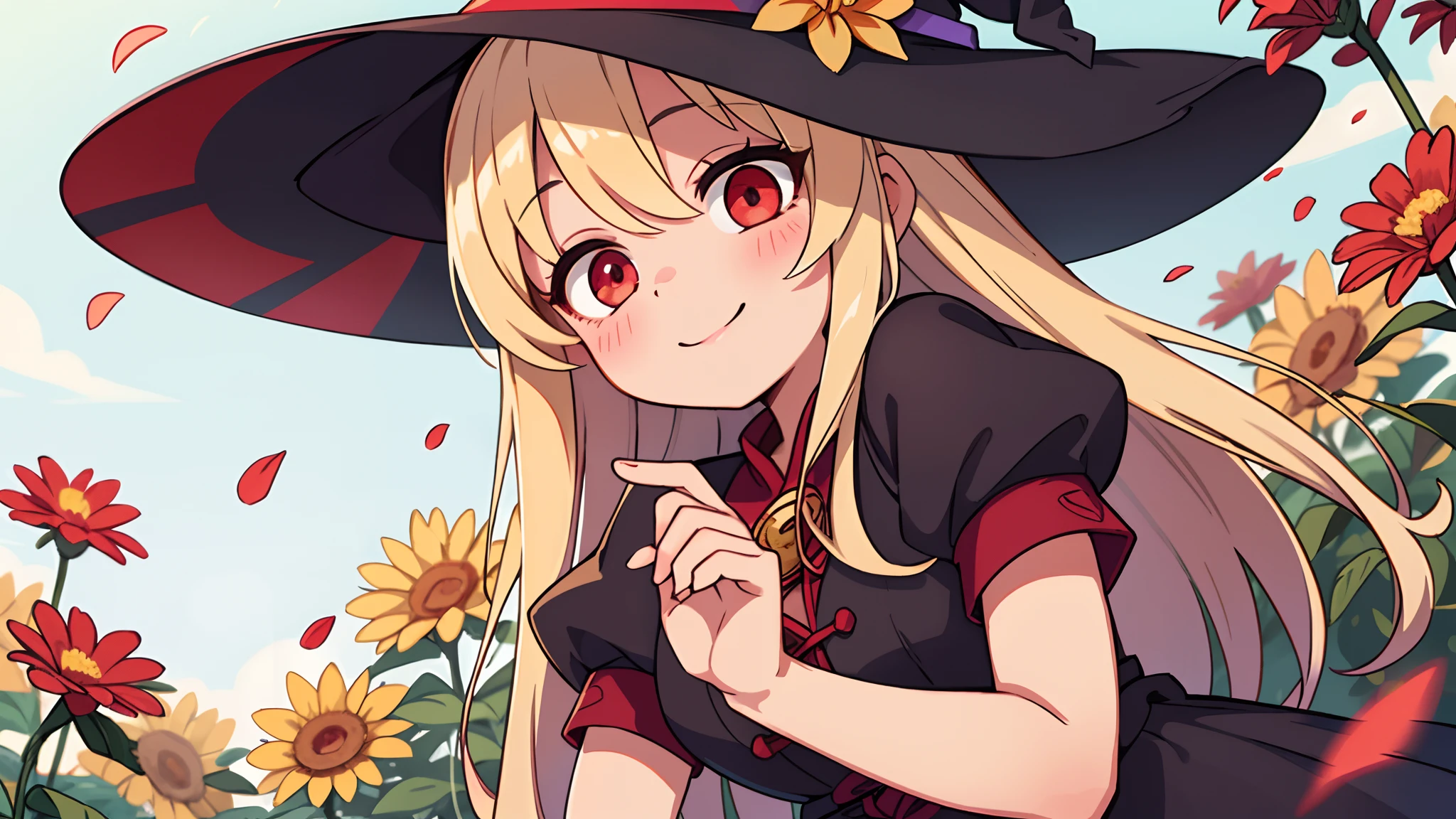 1girl in,Witch,Long hair, Blonde hair, Witch Hat,Red Eyes,Puffy sleeves,Dress, Short sleeves,Smile、pretty pose、up of face、Eye Up、Flowing iridescent silk、There are flowers even in front of you、flower petals、season!!: 夏天☀ 🍂