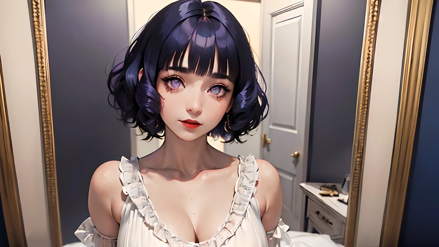 (masterpiece, best quality, ultra-detailed, best shadow), (detailed background, upper body, cowboy shot, mirror image, indoors, bedroom, looking at mirror, (nervous), adjusting clothes ), (detailed face, masculine features, nerd), high contrast, (best illumination), ((cinematic light)), colorful, hyper detail, dramatic light, intricate details, ( 1girl, solo, dark blue hair, Blunt Bangs, purple eyes, medium hair, curly hair, flapper hair, slim, flapper dress, 1920s )