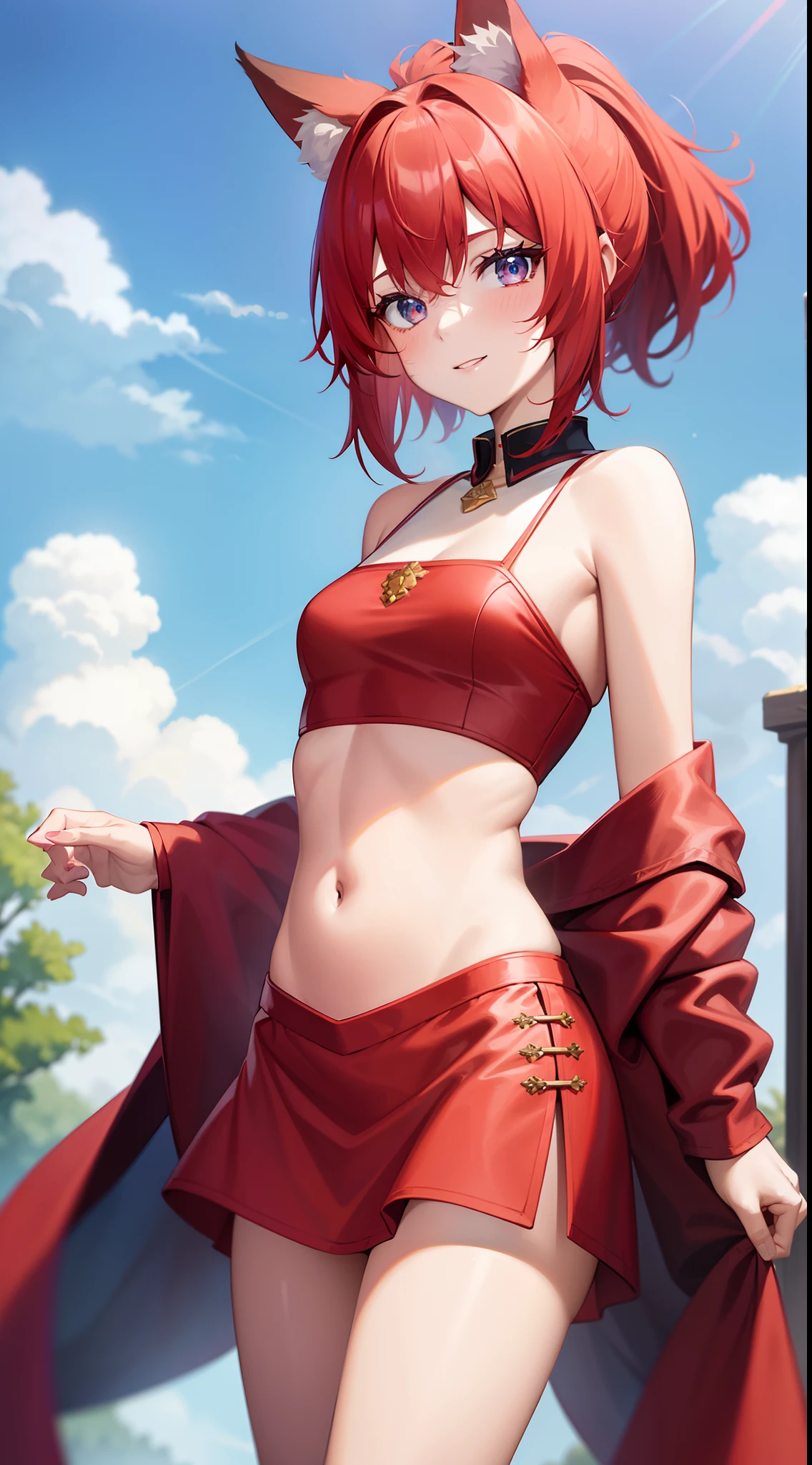 ((1girl, medium hair, red hair, red eyes, small breasts, red bikini)), black background