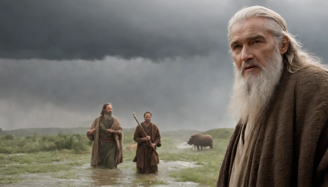 Create a realistic visual representation of Noah, Elderly man with a wise and dignified appearance. He wears simple clothes, Typical of antiquity, Like a long tunic and a robe tied at the waist,. Noah Hall々and standing next to the ark, Large enough to accommodate many animals. He is looking up at the sky, With a look of confidence and determination on his face. Around Noah, In pairs々Including animals, Symbolizes the mission to preserve creations during floods. Realistic landscapes are landscapes that tell the beginning of a storm, Dark clouds formed on the horizon、The first raindrops begin to fall. Creating an atmosphere of mystery and hope, Noah hears God's voice、Capture the moment you prepare to face the impending flood with unshakable faith. Don't forget to incorporate realistic details into your facial expressions, In clothing and animals, While maintaining an artistic touch that evokes the sacred nature of biblical history. Use shades that convey the mood of the story, Alternating soft colors to represent initial confidence and dark shades to indicate the onset of a storm. Eventually, You get images that visually capture the spirit of the biblical story of Noah, Share Your Faith, Determination and connection with God in the midst of the tremendous challenges that were born.