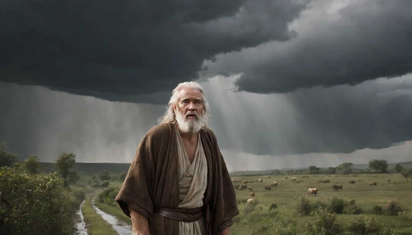 Create a realistic visual representation of Noah, Elderly man with a wise and dignified appearance. He wears simple clothes, Typical of antiquity, Like a long tunic and a robe tied at the waist,. Noah Hall々and standing next to the ark, Large enough to accommodate many animals. He is looking up at the sky, With a look of confidence and determination on his face. Around Noah, In pairs々Including animals, Symbolizes the mission to preserve creations during floods. Realistic landscapes are landscapes that tell the beginning of a storm, Dark clouds formed on the horizon、The first raindrops begin to fall. Creating an atmosphere of mystery and hope, Noah hears God's voice、Capture the moment you prepare to face the impending flood with unshakable faith. Don't forget to incorporate realistic details into your facial expressions, In clothing and animals, While maintaining an artistic touch that evokes the sacred nature of biblical history. Use shades that convey the mood of the story, Alternating soft colors to represent initial confidence and dark shades to indicate the onset of a storm. Eventually, You get images that visually capture the spirit of the biblical story of Noah, Share Your Faith, Determination and connection with God in the midst of the tremendous challenges that were born.