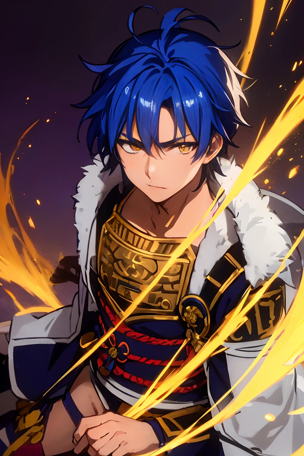 Naotora Takeda, Orient, masutepiece, Best Quality, High quality, 1boy, Solo, Male Focus, Blue-pointed hair, Yellow eyes, Scar face, Wearing what looks like traditional samurai armor in light blue.