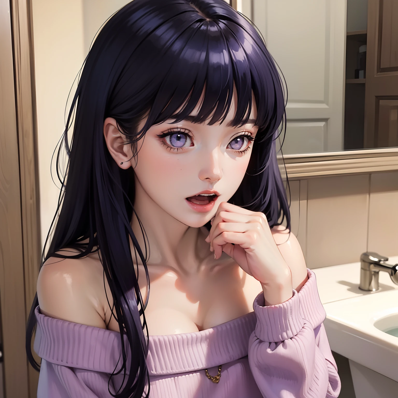 masterpiece,best quality,dream, highly detailed illustration, cute,1 girl, close-up, sharp tooth,open mouth, bold outline, hand,messy hair, in the bathroom,mirror, messy hair,off-shoulder, Blunt Bangs, purple eyes, dark blue hair