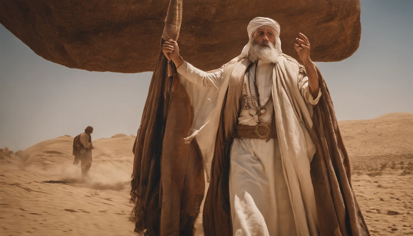 Hooded man walking in desert, Hold one hand with the staff, On the background of the sky, portrait of bedouin d&D, Still from the live-action movie, supervision: by Etienne Delessert, IMAX photography, james gurney and andreas rocha, 2020 Dune Movie, medium shot of two characters, Danube, Sony Photos, 4K still images, Video images of biblical prophets, He looked up to heaven,、I cry out to God to make him listen, Warm earthy tones, And deep shadows, It is a sensible expression, - V5 - Stylize 1000, The prophet of the Bible cries out to God for the lives of his people, ​masterpiece, intricate detailes, cinematic, Biblical prophets look up to heaven, Beautiful blue sky with one cloud, Located in the Sinai Desert, on a hill, In the background is a desert and a small biblical village, 50-year-old biblical character, in desert: Epic Realistic, Soft Cinematic Portrait, adobe lightroom, photographic lab, ighly detailed, faded, arte De greg Rutkowski e artgerm ,neutral colors: 1,2), (nffsw: 1,4) , (Soft colors:1.2), Hiperde Tarhad, (art  stations:1.4), cinematic, warm light, Dramatic light, (intricate detailes:1.1), the complex background, (rutkowski:0.66), (blue and orange:0.4), cinematic, Looking up at the sky in a brown robe, (((perfect  eyes, expresive))), 8K, look up to, Still blue sky, ((the perfect appearance, expresive))), (((Only one man))), ((short gray beard and short gray hair,)), look up sky, (((perfect  eyes)) Spectacular images, movie, Cinematic 8K, Half-body image, American Plan, He is alone、His eyes are staring at the blue sky with clouds, (((A detailed eye, Very sharp, expresive))) ((has a short beard and short gray hair)), 8K, cinematic, ​masterpiece, (((ember))), ((((Alone in the desert)))), Perfect and expressive eyes, It's just a guy and、It's one person,