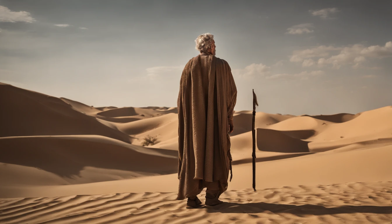 Hooded man walking in desert, Hold one hand with the staff, On the background of the sky, portrait of bedouin d&D, Still from the live-action movie, supervision: by Etienne Delessert, IMAX photography, james gurney and andreas rocha, 2020 Dune Movie, medium shot of two characters, Danube, Sony Photos, 4K still images, Video images of biblical prophets, He looked up to heaven,、I cry out to God to make him listen, Warm earthy tones, And deep shadows, It is a sensible expression, - V5 - Stylize 1000, The prophet of the Bible cries out to God for the lives of his people, ​masterpiece, intricate detailes, cinematic, Biblical prophets look up to heaven, Beautiful blue sky with one cloud, Located in the Sinai Desert, on a hill, In the background is a desert and a small biblical village, 50-year-old biblical character, in desert: Epic Realistic, Soft Cinematic Portrait, adobe lightroom, photographic lab, ighly detailed, faded, arte De greg Rutkowski e artgerm ,neutral colors: 1,2), (nffsw: 1,4) , (Soft colors:1.2), Hiperde Tarhad, (art  stations:1.4), cinematic, warm light, Dramatic light, (intricate detailes:1.1), the complex background, (rutkowski:0.66), (blue and orange:0.4), cinematic, Looking up at the sky in a brown robe, (((perfect  eyes, expresive))), 8K, look up to, Still blue sky, ((the perfect appearance, expresive))), (((Only one man))), ((short gray beard and short gray hair,)), look up sky, (((perfect  eyes)) Spectacular images, movie, Cinematic 8K, Half-body image, American Plan, He is alone、His eyes are staring at the blue sky with clouds, (((A detailed eye, Very sharp, expresive))) ((has a short beard and short gray hair)), 8K, cinematic, ​masterpiece, (((ember))), ((((Alone in the desert)))), Perfect and expressive eyes, It's just a guy and、It's one person,