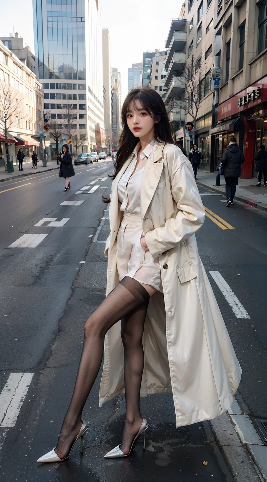 Heavy makeup，Stiletto pointed toe heels，Transparent colorless flesh silk pantyhose，Long legs，8K，On the street，In the daytime，By bangs，Single ball head，wind coat