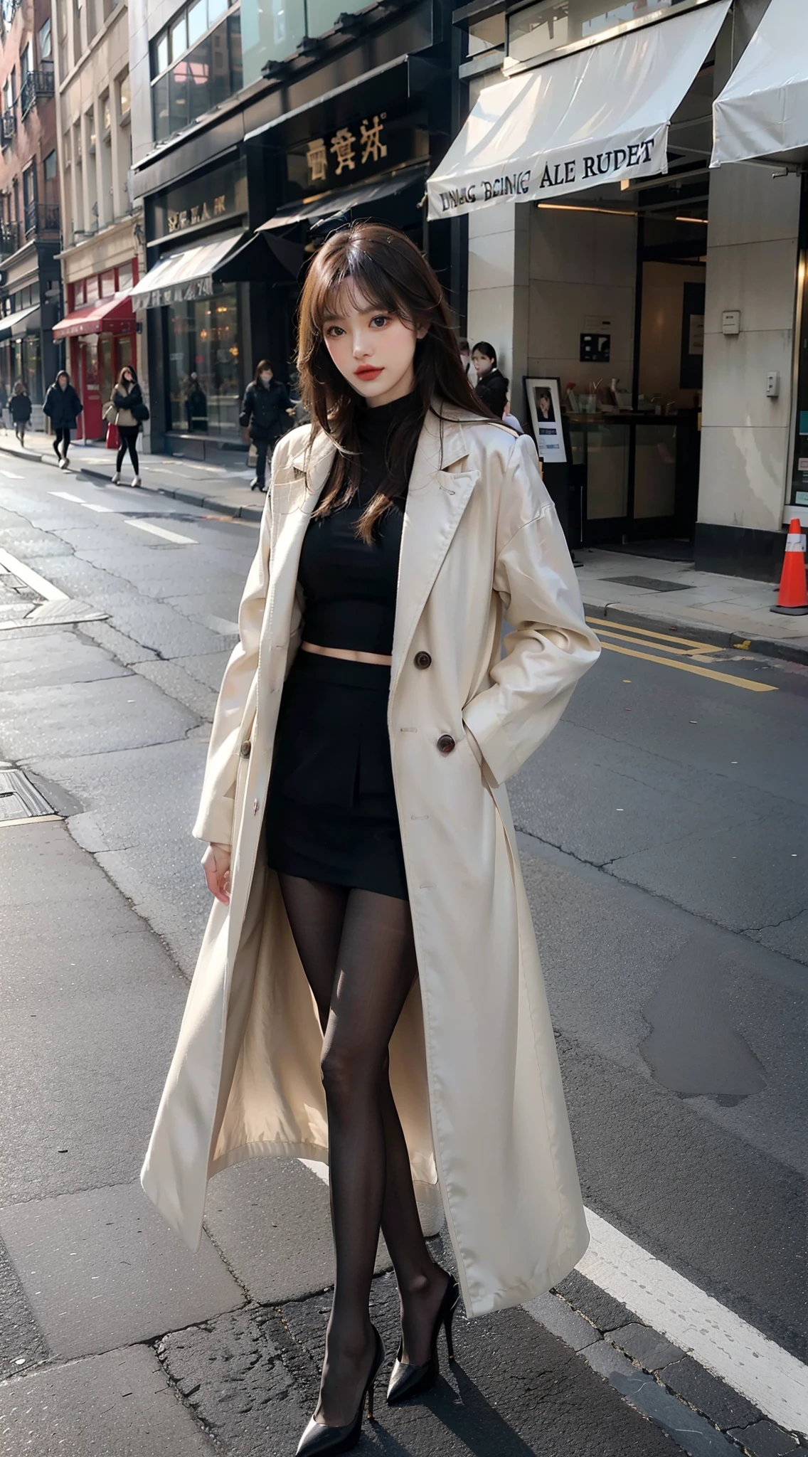Heavy makeup,Stiletto pointed toe heels,Transparent colorless flesh silk pantyhose,Long legs,8K,On the street,In the daytime,By bangs,Single ball head,wind coat