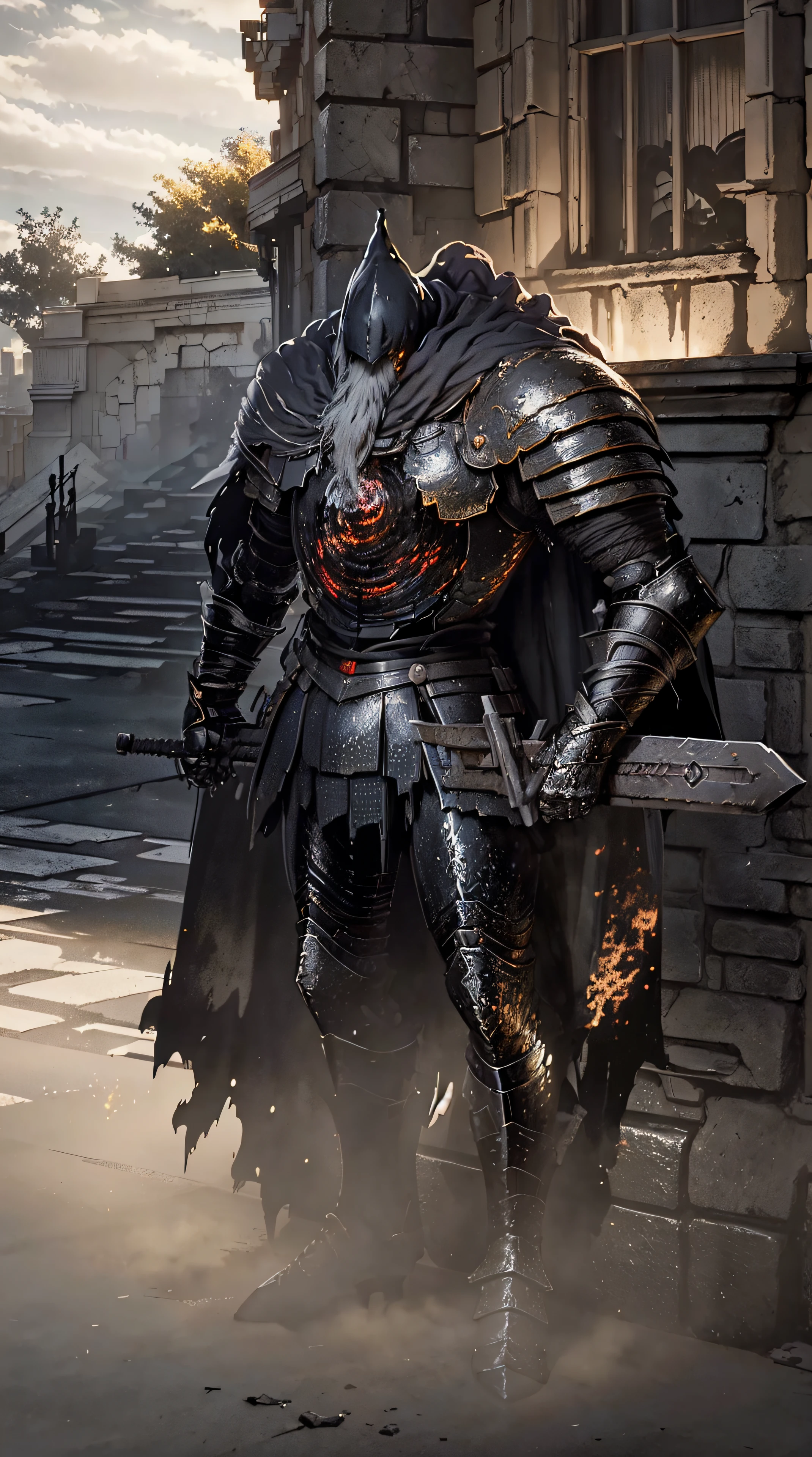 anime character with sword standing in front of a building, profile, fallen knight, from arknights, gothic knight, evil knight, the style of wlop, fantasy knight, knight, royal emperor, dark souls knight, off-white plated armor, wearing heavy armor with cape, black heavy armor with gold trim, smooth anime cg art, artorias, glowing sword