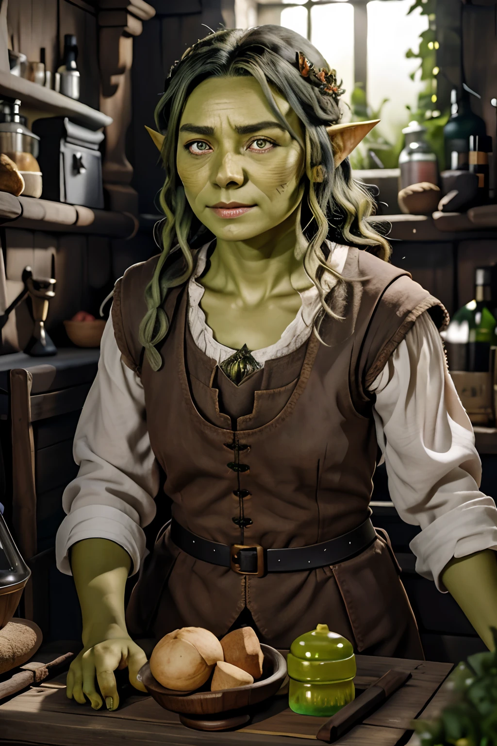 Frau ist ein Ork, ((green skin)), RAW-Foto, {Kobold} Dieb, Lederrock, (Hochdetailliertes Fell:1.2), 1Frau, ((Meisterwerk)), (best quality), Perfekte Anatomie, hight resolution, Detailliert, (8K), fotorealistisch, best quality, Ultra-High-Res, ((detailliertes Gesicht)),