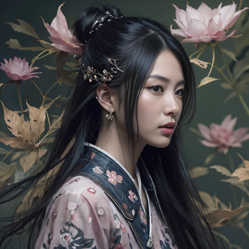 32K(tmasterpiece,k hd,hyper HD,32K)Long flowing black hair,ponds,zydink, a color, Aozhou people (Concubine girl), (Purple silk scarf), Combat posture, looking at the ground, long whitr hair, Floating hair, Carp pattern headdress, Chinese long-sleeved clothing, (Abstract gouache splash:1.2), Pink petal background,Pink and white lotus flowers fly(realisticlying:1.4),Black color hair,Fallen leaves flutter,The background is pure, A high resolution, the detail, RAW photogr, Sharp Re, Nikon D850 Film Stock Photo by Jefferies Lee 4 Kodak Portra 400 Camera F1.6 shots, Rich colors, ultra-realistic vivid textures, Dramatic lighting, Unreal Engine Art Station Trend, cinestir 800,Long flowing black hair,Denim skirt
