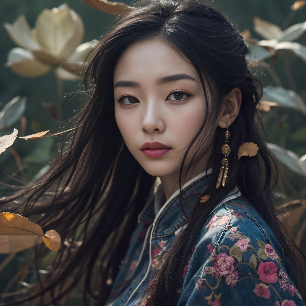 32K(tmasterpiece,k hd,hyper HD,32K)Long flowing black hair,ponds,zydink, a color, Aozhou people (Concubine girl), (Purple silk scarf), Combat posture, looking at the ground, long whitr hair, Floating hair, Carp pattern headdress, Chinese long-sleeved clothing, (Abstract gouache splash:1.2), Pink petal background,Pink and white lotus flowers fly(realisticlying:1.4),Black color hair,Fallen leaves flutter,The background is pure, A high resolution, the detail, RAW photogr, Sharp Re, Nikon D850 Film Stock Photo by Jefferies Lee 4 Kodak Portra 400 Camera F1.6 shots, Rich colors, ultra-realistic vivid textures, Dramatic lighting, Unreal Engine Art Station Trend, cinestir 800,Long flowing black hair,Denim skirt