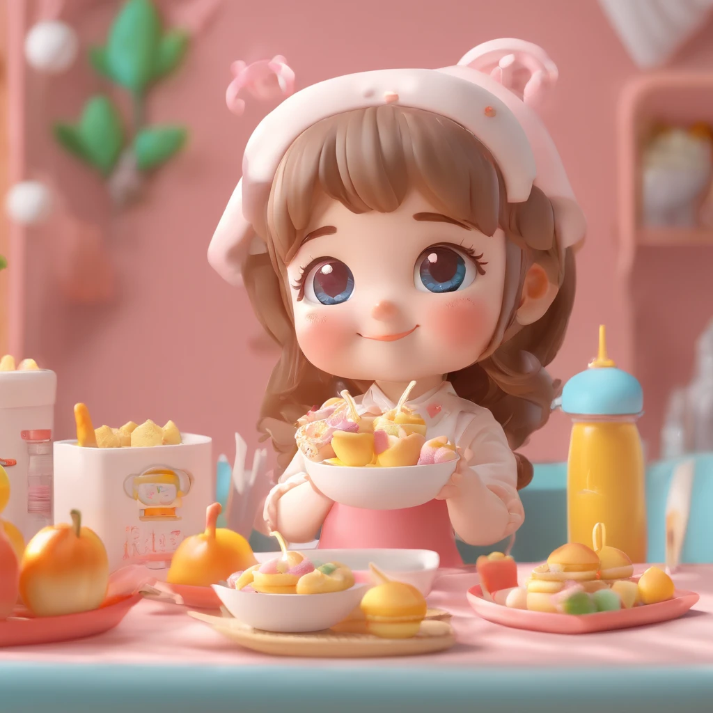 while eating, Super Cute Girl IP from Pop Mart, bright-eyed, cherub,Small white dress, clay, Model, Blind Box Toys, Glossy and delicate,Clean background, Good gloss, 3d rendered,Best Quality