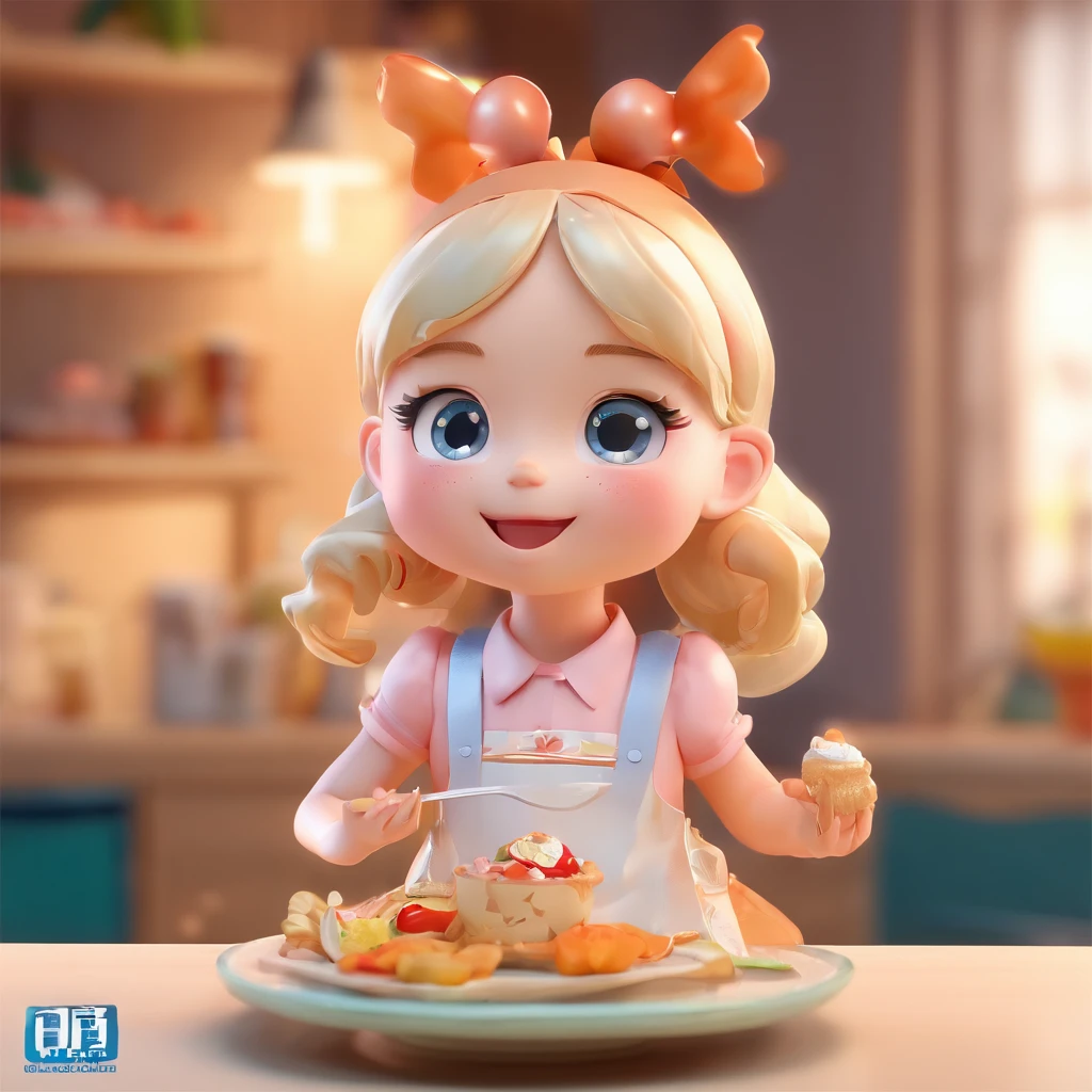 while eating, Super Cute Girl IP from Pop Mart, bright-eyed, cherub,Small white dress, clay, Model, Blind Box Toys, Glossy and delicate,Clean background, Good gloss, 3d rendered,Best Quality